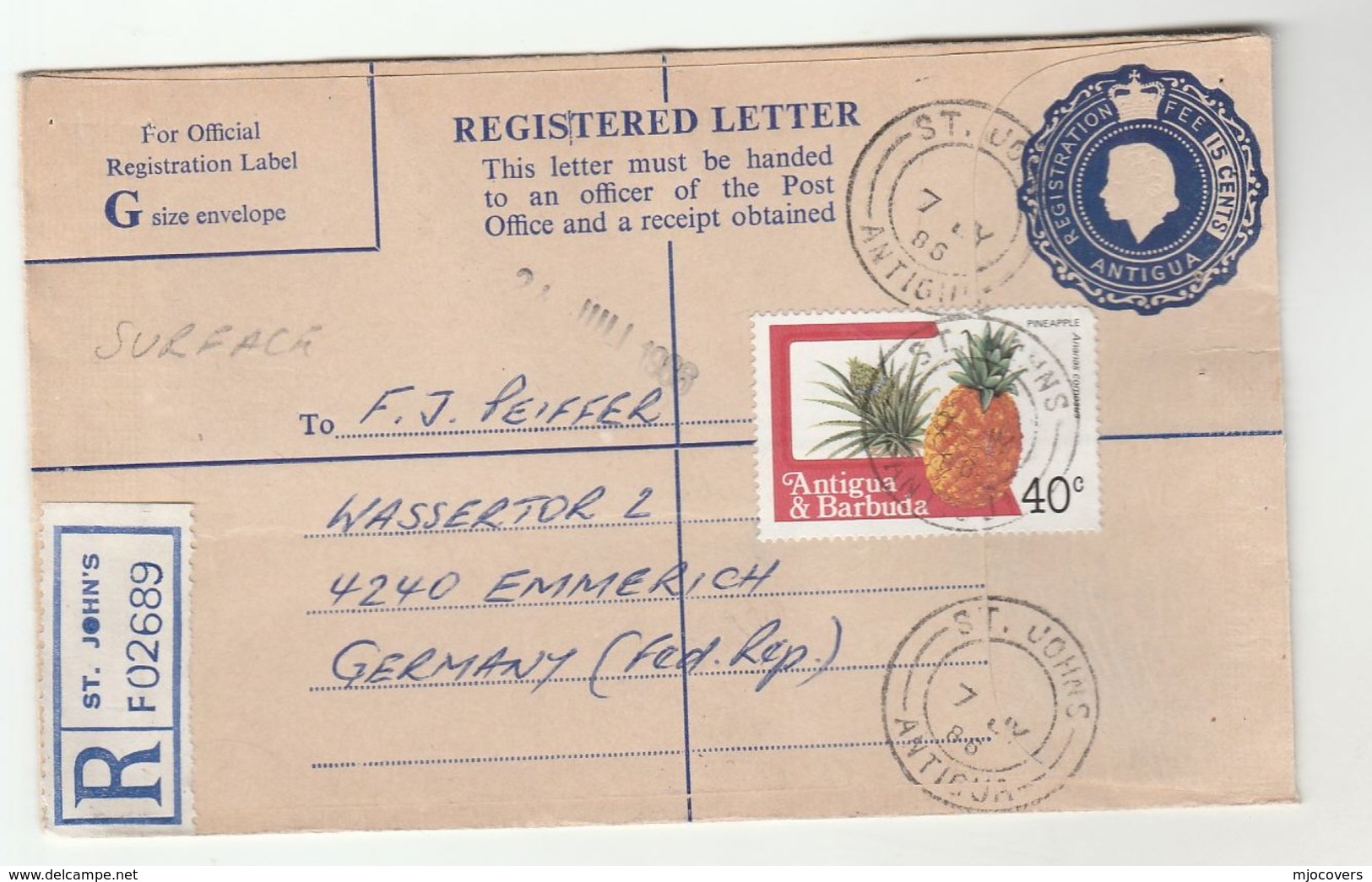1986 ANTIGUA REGISTERED 15c Postal STATIONERY COVER Uprated 40c PINEAPPLE Fruit Stamps To GERMANY - Antigua And Barbuda (1981-...)
