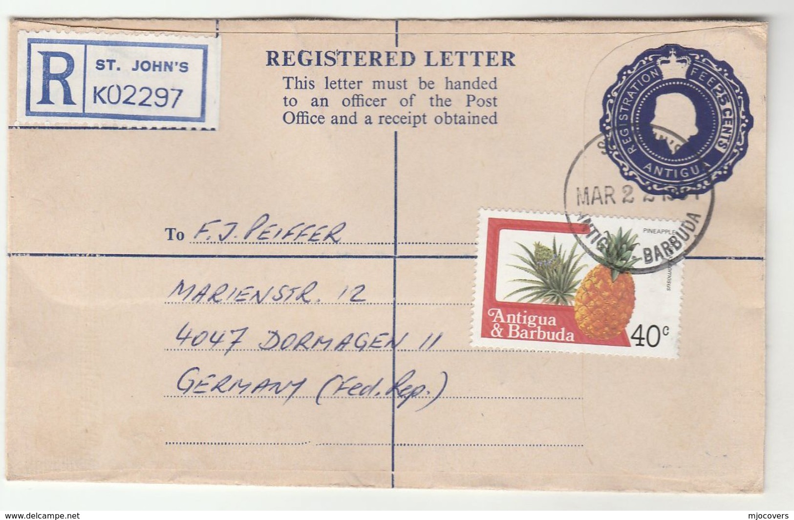 1984 ANTIGUA REGISTERED 25c Postal STATIONERY COVER Uprated 40c PINEAPPLE Fruit Stamps To GERMANY - Antigua And Barbuda (1981-...)