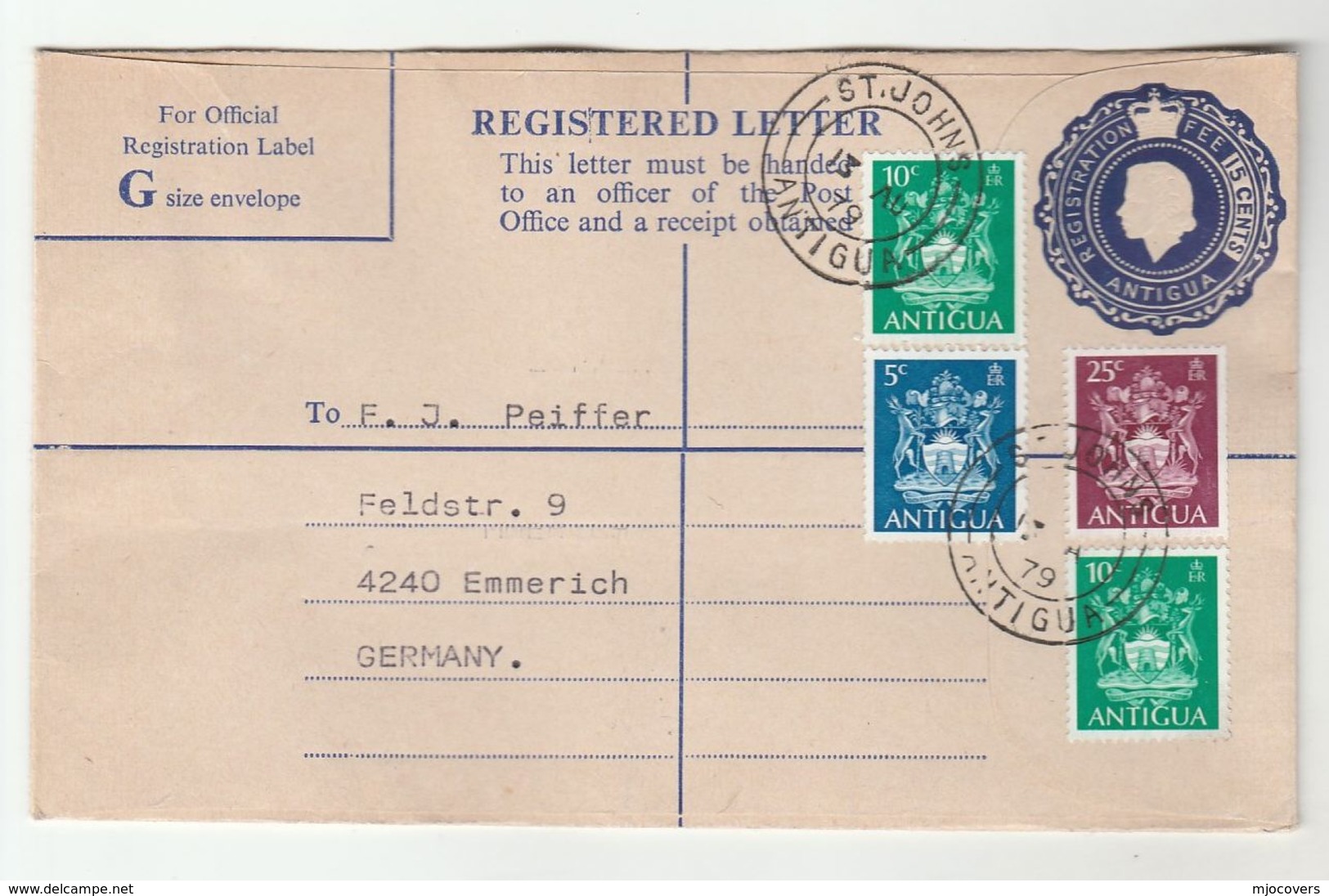 1979 ANTIGUA REGISTERED 15c Postal STATIONERY COVER Uprated  25c 10c 10c 5c ARMS DEER Stamps To GERMANY Heraldic - Antigua And Barbuda (1981-...)