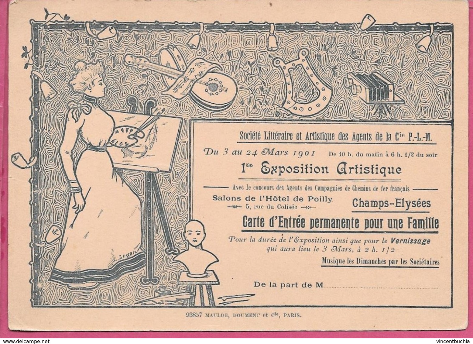 Carte 1ère Exposition Artistique Salon De L'Hotel De Poilly Champs Elysées Société Littéraire PLM - Tickets D'entrée