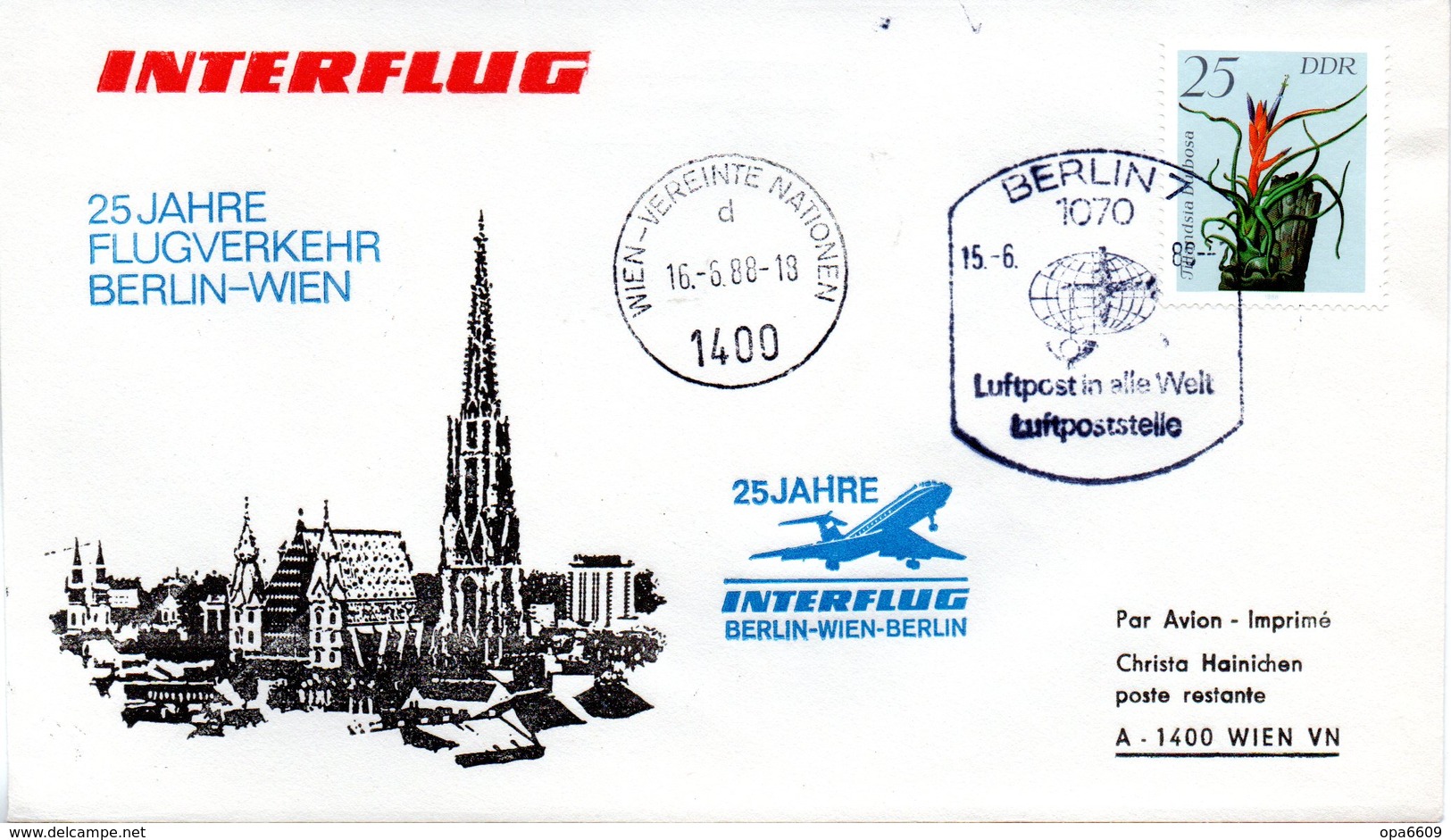 (Bu-B1) DDR Sonderumschlag "INTERFLUG 25 Jahre Flugverkehr BERLIN-WIEN" EF Mi 3108, SSt. 15.6.1988 BERLIN 7 - Briefe U. Dokumente