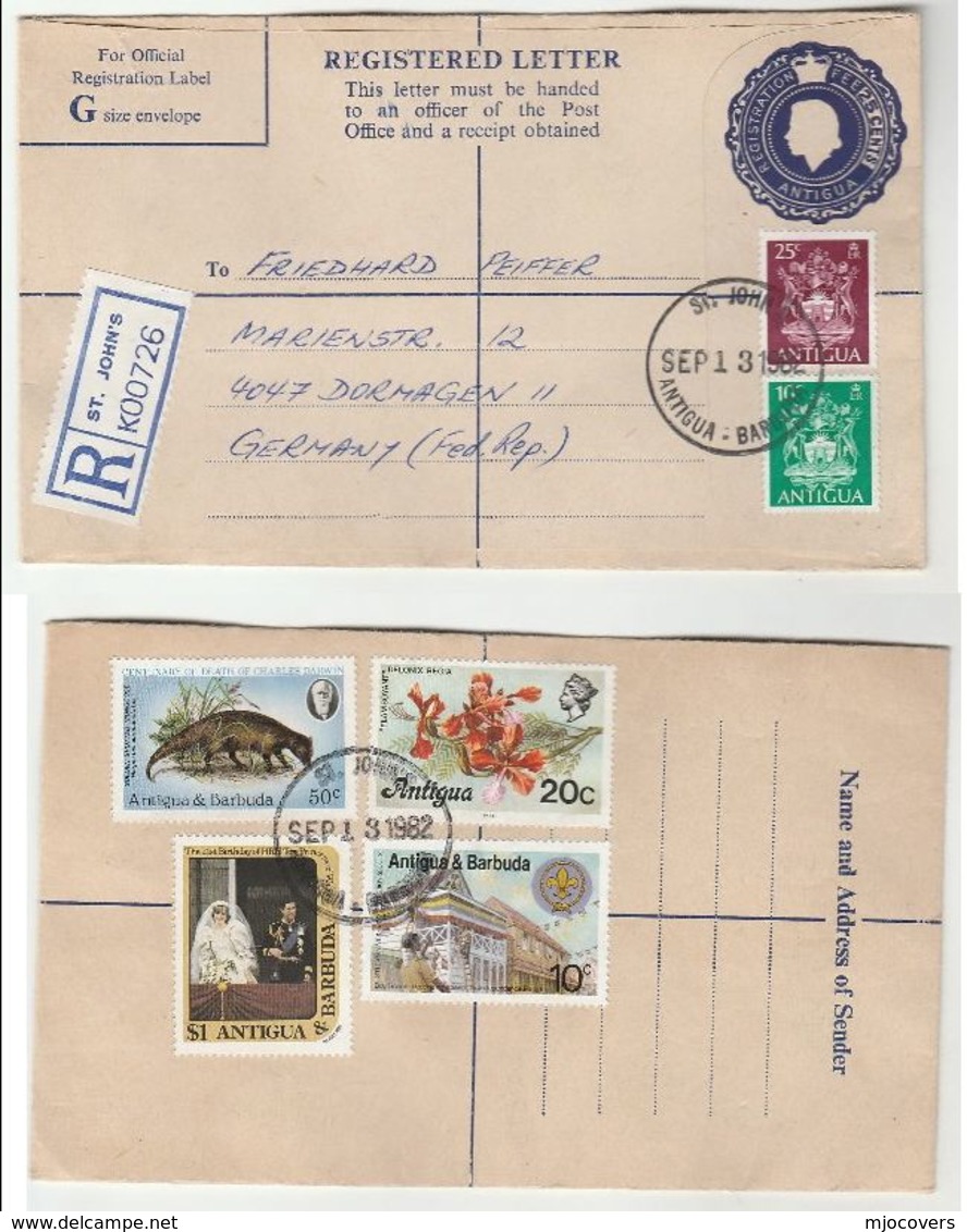 1982 ANTIGUA REGISTERED 25c Postal STATIONERY COVER Uprated PRINCESS DIANA SCOUTS DARWIN MONGOOSE ARMS Stamp Royalty - Antigua And Barbuda (1981-...)