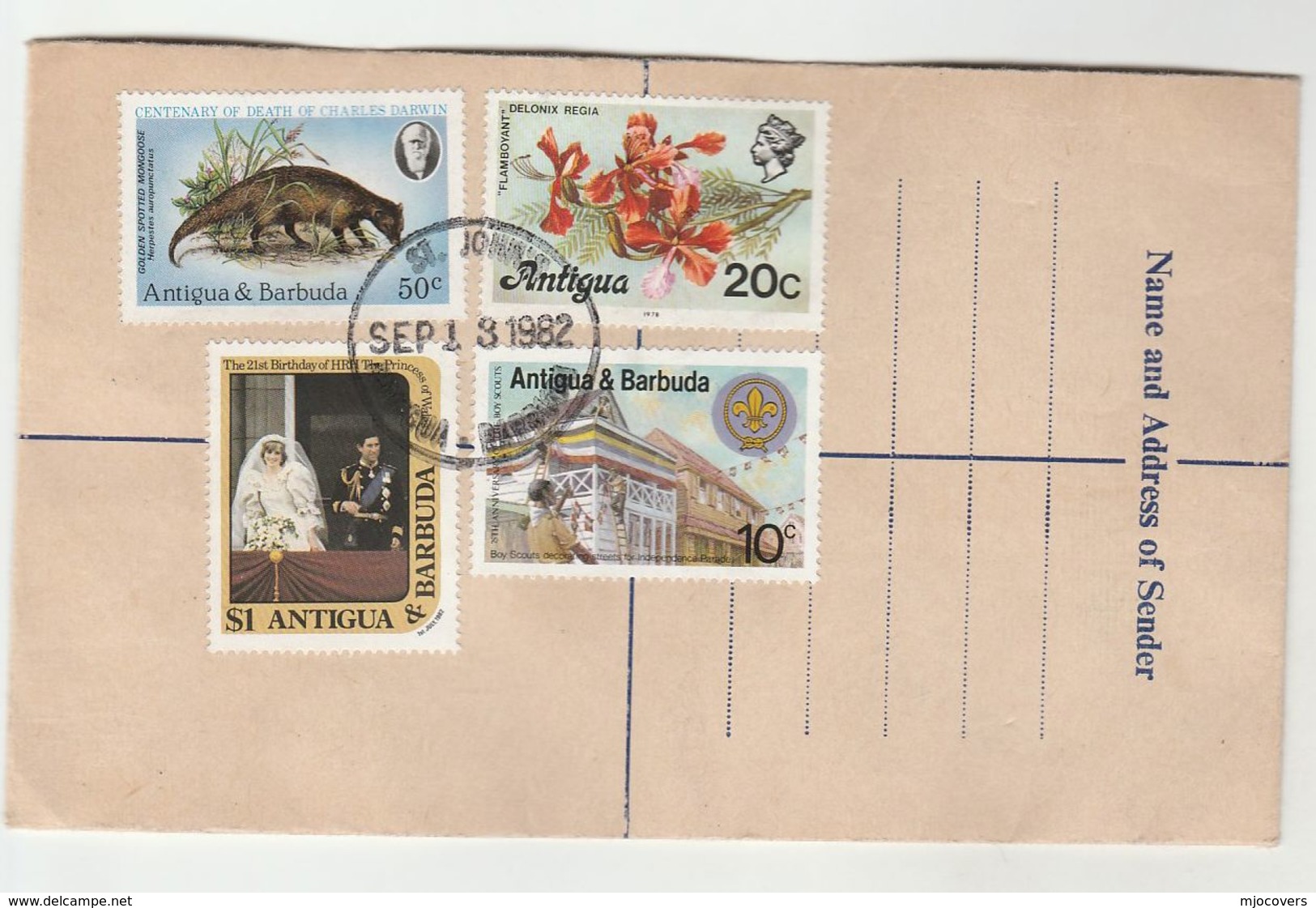 1982 ANTIGUA REGISTERED 25c Postal STATIONERY COVER Uprated PRINCESS DIANA SCOUTS DARWIN MONGOOSE ARMS Stamp Royalty - Antigua Et Barbuda (1981-...)