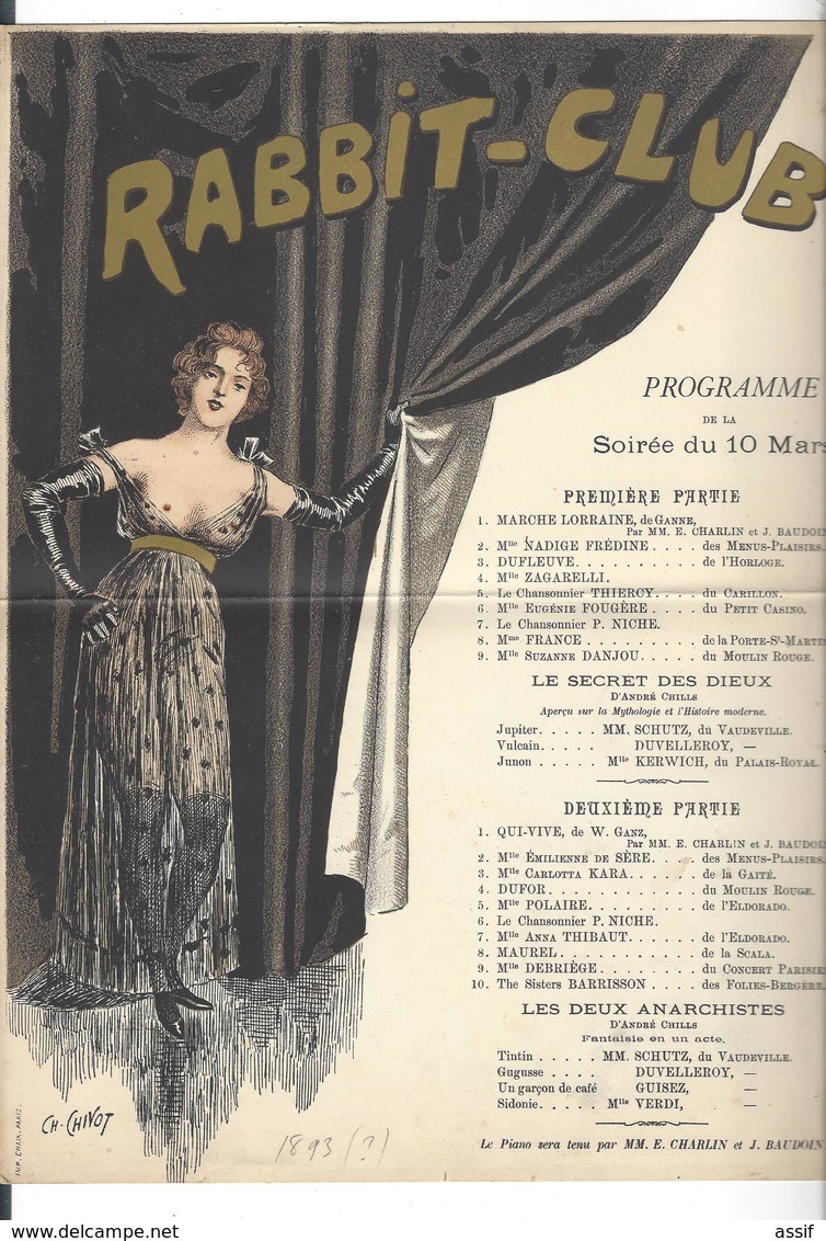 RABBIT - CLUB Programme  De La Soirée Du 10 Mars ( 1894 ? ) Illustration  Ch. Chivot  ( 30,4 X 23 Cm ) - Programmes