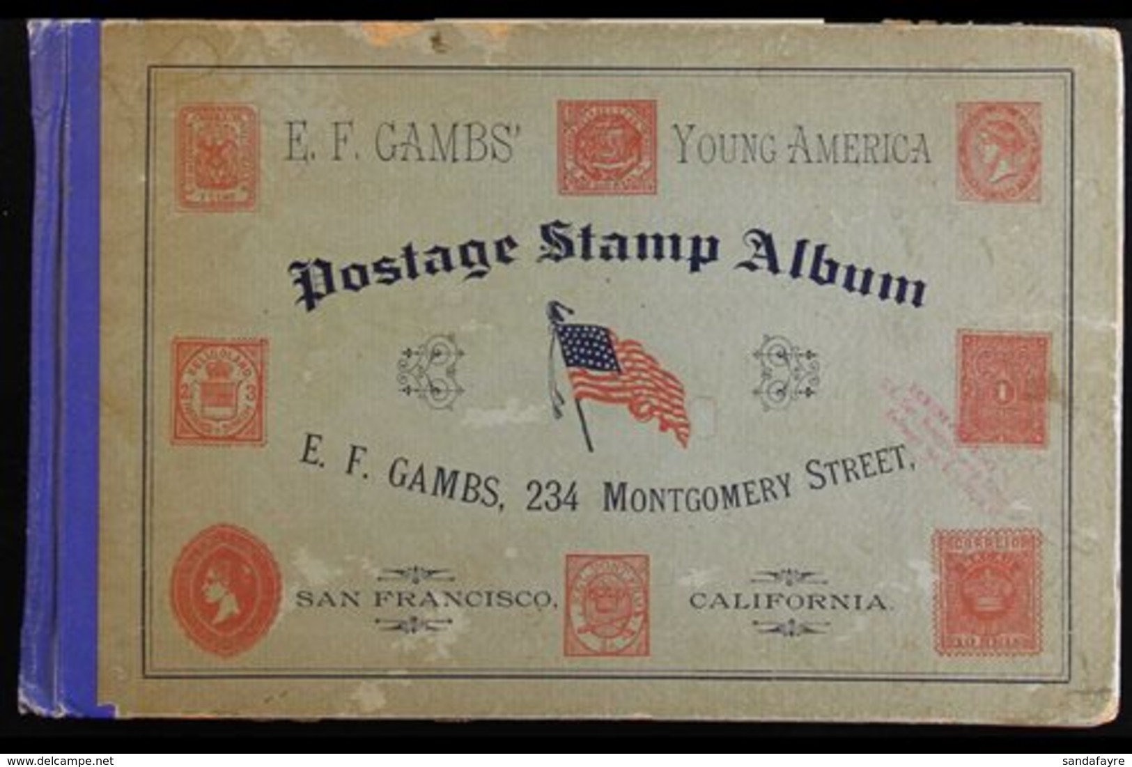 RARE OLD STAMP ALBUM. The "E. F. Lambs' Young America Postage Stamp Album" (circa 1888, A Hard Cover Horizontal Format W - Other & Unclassified