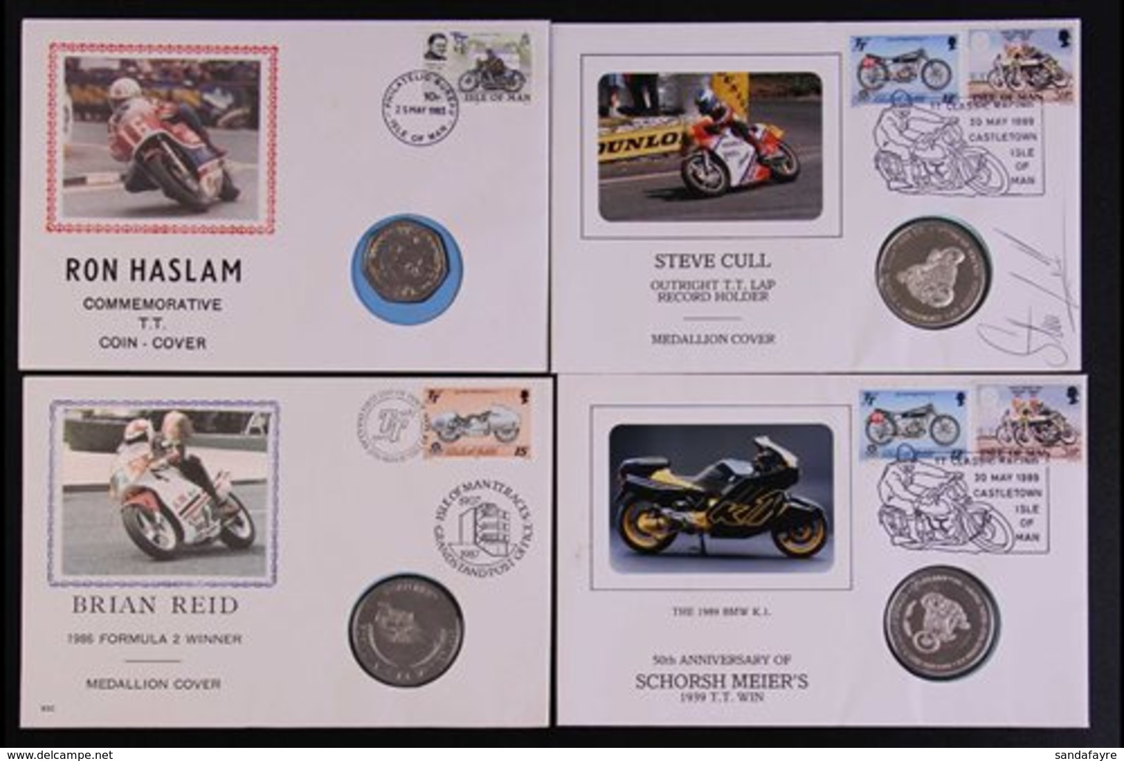 MOTORCYCLES ISLE OF MAN 1983-1989 Four Different Illustrated Unaddressed Special COIN & MEDAL COVERS, One Signed Steve C - Non Classés