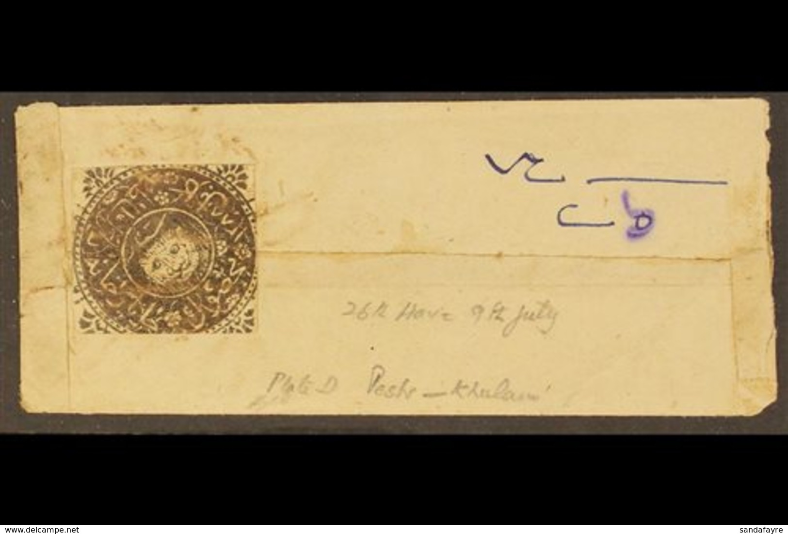 1871-72 Sanar Black (plate D) Cut Square & Tied By Red Ink To Cover From Peshawar To Kabul. Scarce Franking. For More Im - Afghanistan