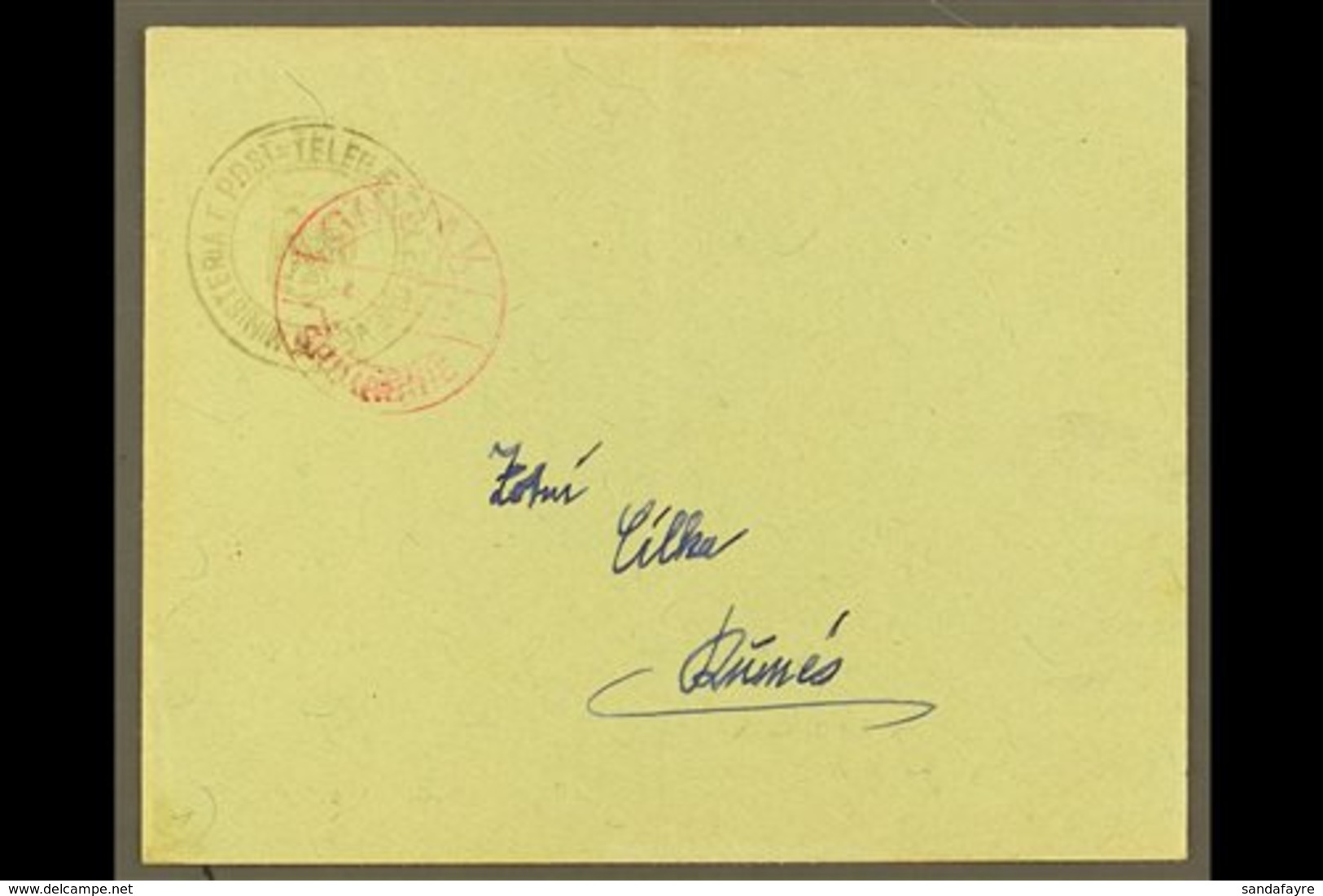 1913 Franked Envelope Addressed To Durres Bearing Circular (1gr) "MINISTERIA E POST-TELEG E TELEFONEVET" Double Eagle In - Albanië