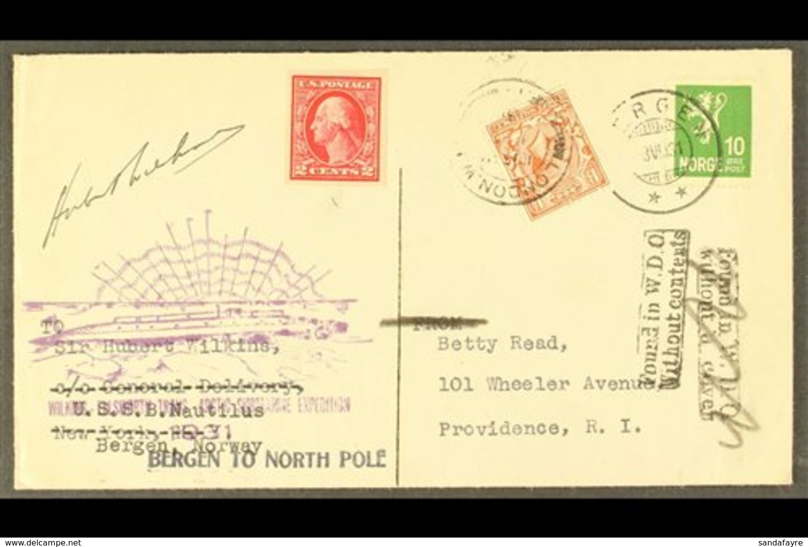 NORTH POLE 1931 WILKINS EXPEDITION CARD To USA, Signed At Top Left, And Bearing Norway 10 Ore Tied Bergen Cds Of 3.VI.31 - Autres & Non Classés