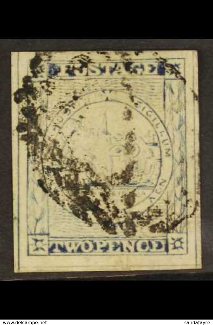 NEW SOUTH WALES 1851 2d Ultramarine Sydney View Plate IV, No Clouds, SG 33c, Four Large Margins And Barred Cancel. For M - Otros & Sin Clasificación
