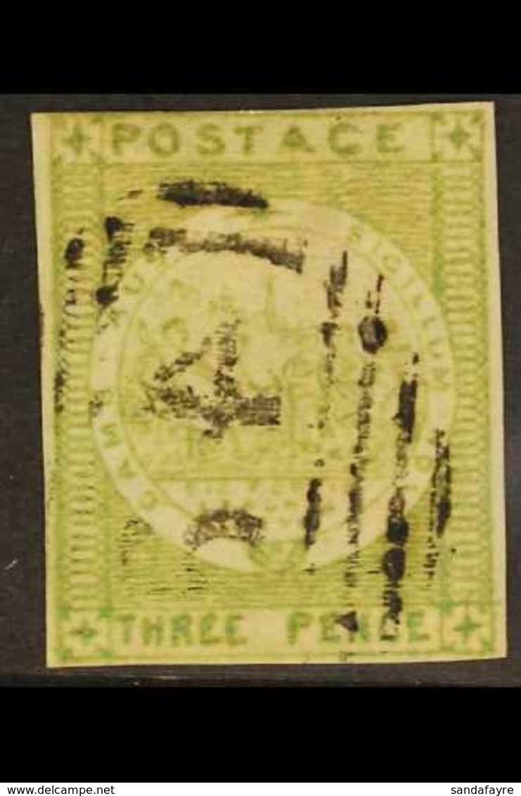NEW SOUTH WALES 1850 3d Yellow-green Sydney View, SG 39, Four Small Margins And "64" (4 Reversed) Cancel. For More Image - Andere & Zonder Classificatie