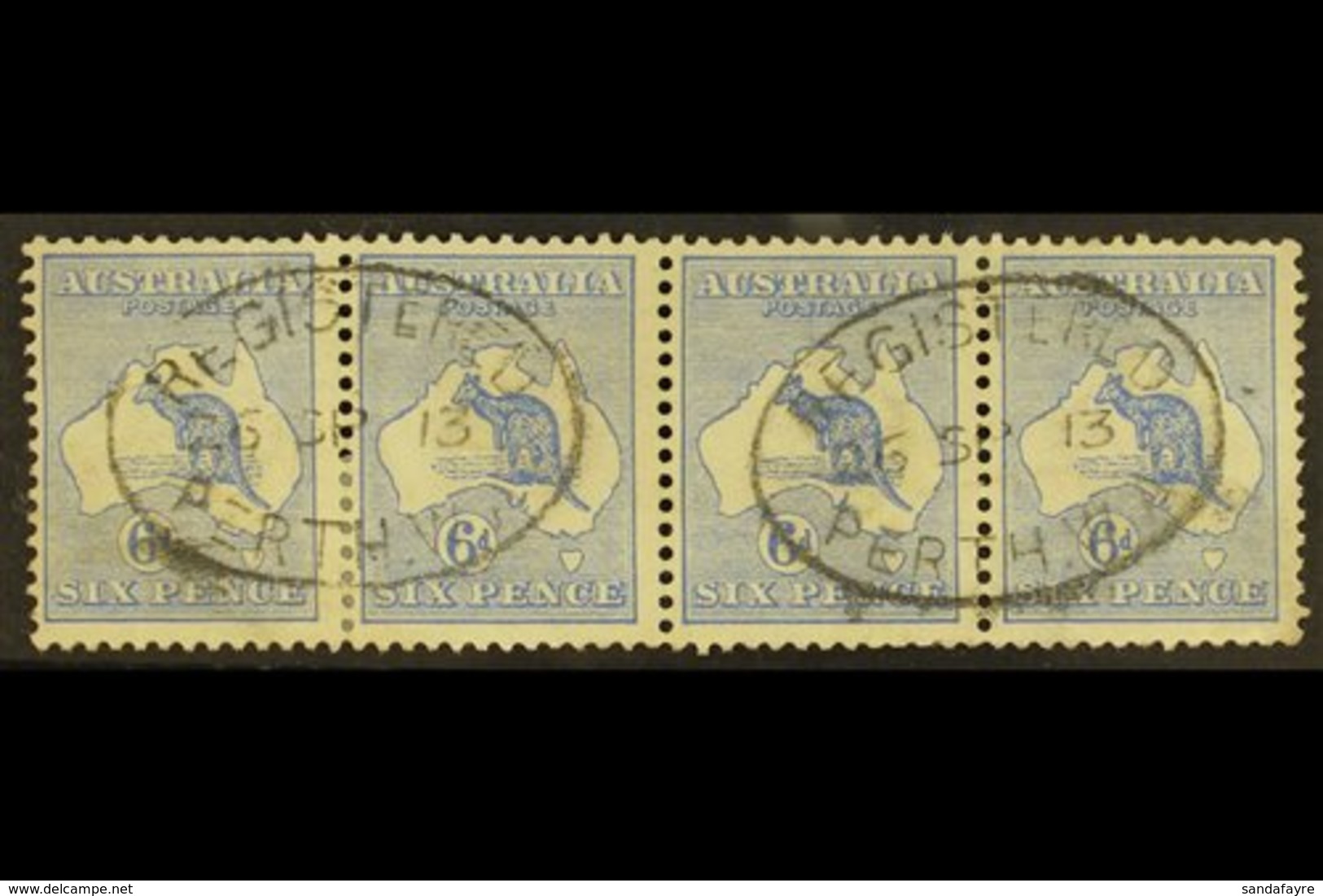 1913-14 6d Ultramarine Kangaroo, SG 9, A Used Strip Of Four With Oval "REGISTERED / PERTH" Cancels Of 06 SP 13, The Left - Other & Unclassified