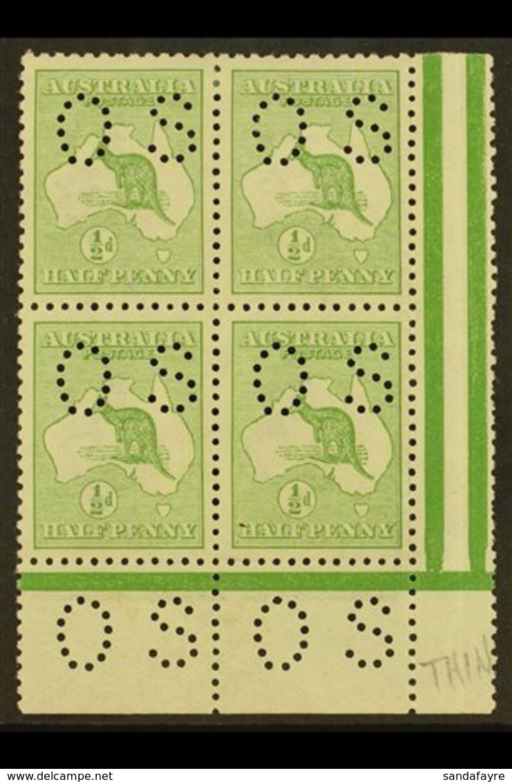 OFFICIALS 1913 ½d Pale Green, Punctured "O S" (smaller Letters, SG Type O2), Corner Marginal Block Of 4, SG O16, Very Fi - Otros & Sin Clasificación