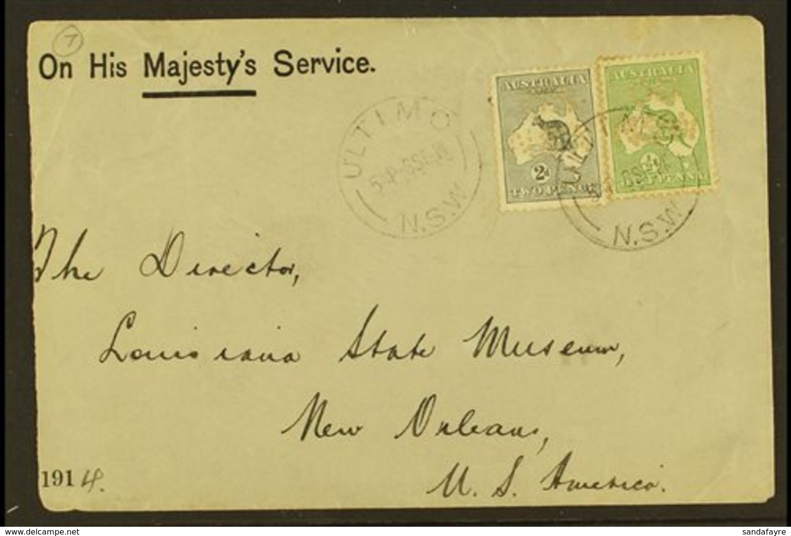 OFFICIALS ON COVER 1914 "OHMS" Cover To USA, Franked With ½d & 2d Roos Punctured "OS / NSW," Tied By ULTIMO 8.9.14 Postm - Sonstige & Ohne Zuordnung