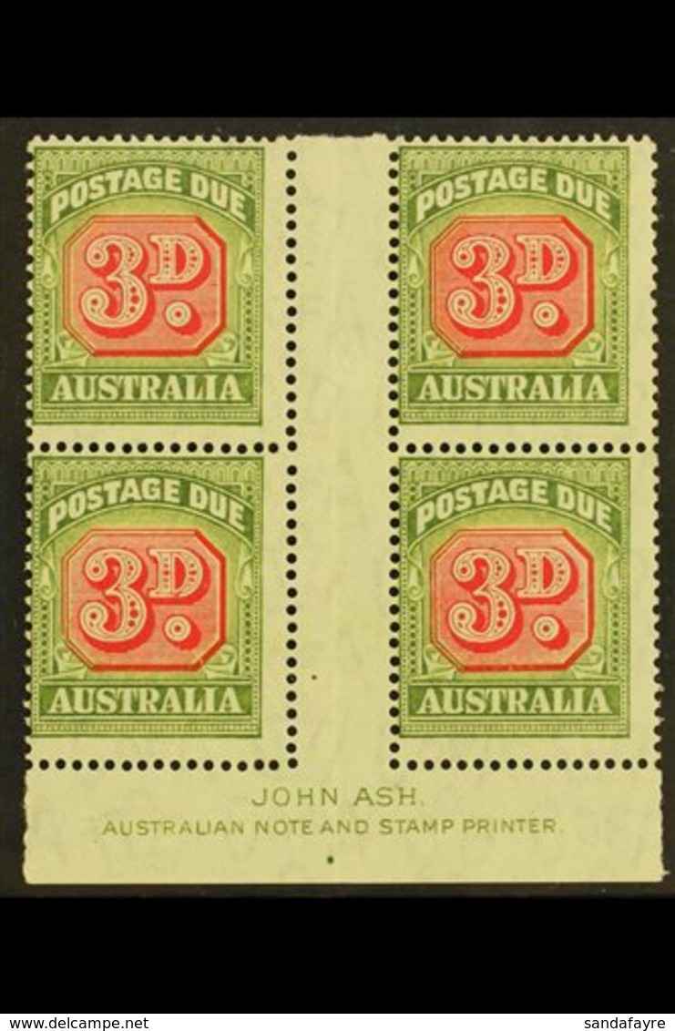 POSTAGE DUE 1946-53 3d Carmine And Green, SG D122, JOHN ASH Gutter Imprint Block Of Four, Very Fine Mint. (4 Stamps) For - Autres & Non Classés