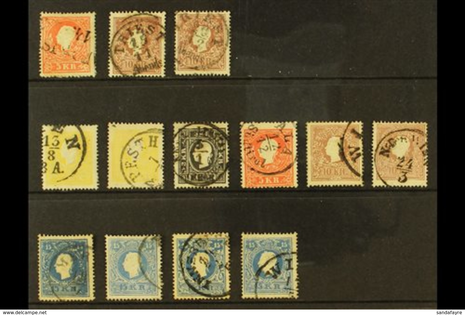 1858-1859 USED GROUP On A Stock Card, Inc 1858 Type I 5k & 10k (x2) And 1859 Type II 2k (x2, One Signed Diena), 3k Black - Andere & Zonder Classificatie