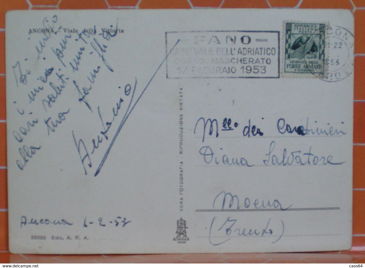 1953 Italia Storia Postale FANO Carnevale Adriatico Corso Mascherato Su Cartolina Annullo Ancona - 1946-60: Poststempel