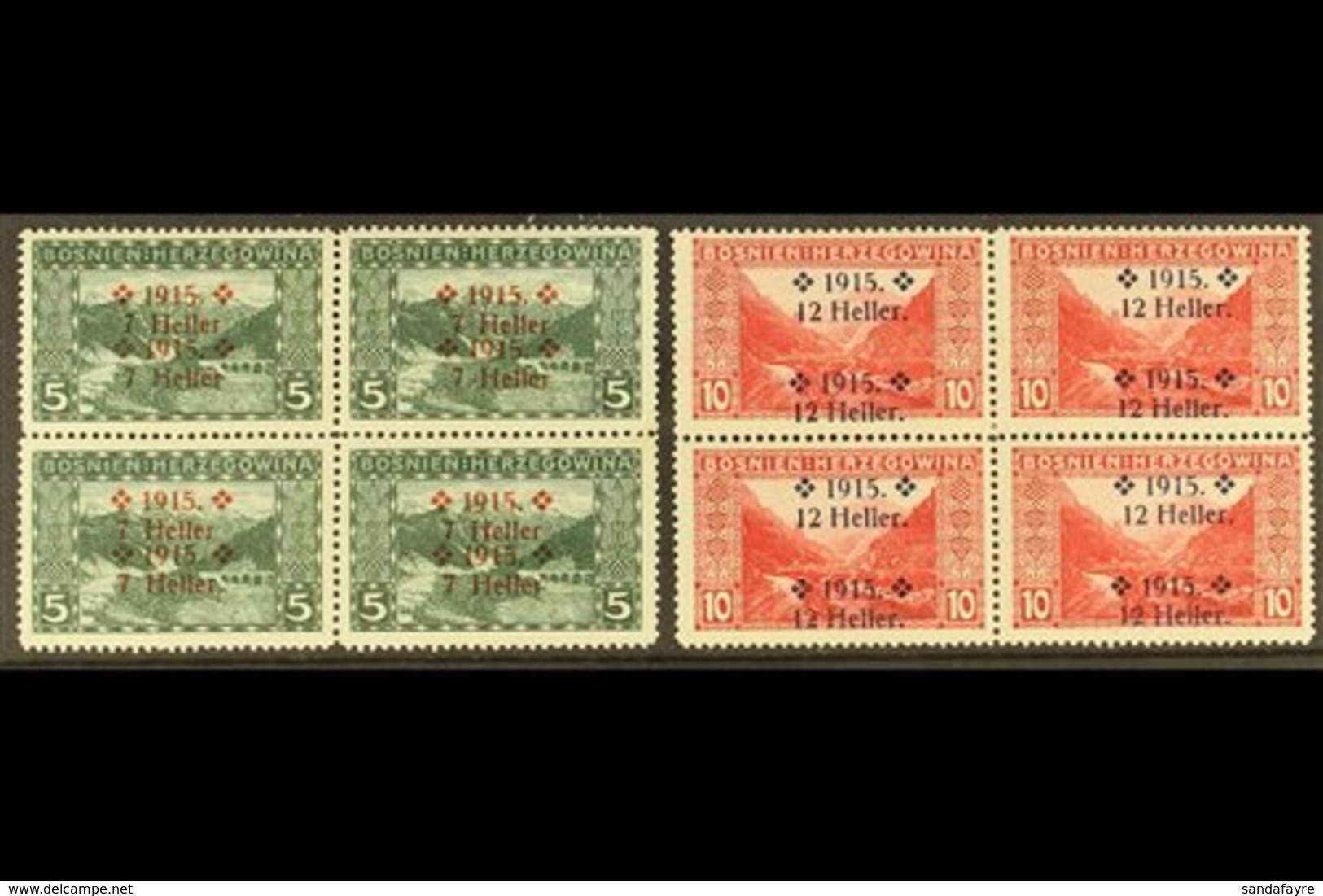 BOSNIA AND HERZEGOVINA 1915 7h On 5h Deep Green & 12h On 10h Carmine Landscapes DOUBLE SURCHARGES Varieties, Michel 91/9 - Sonstige & Ohne Zuordnung