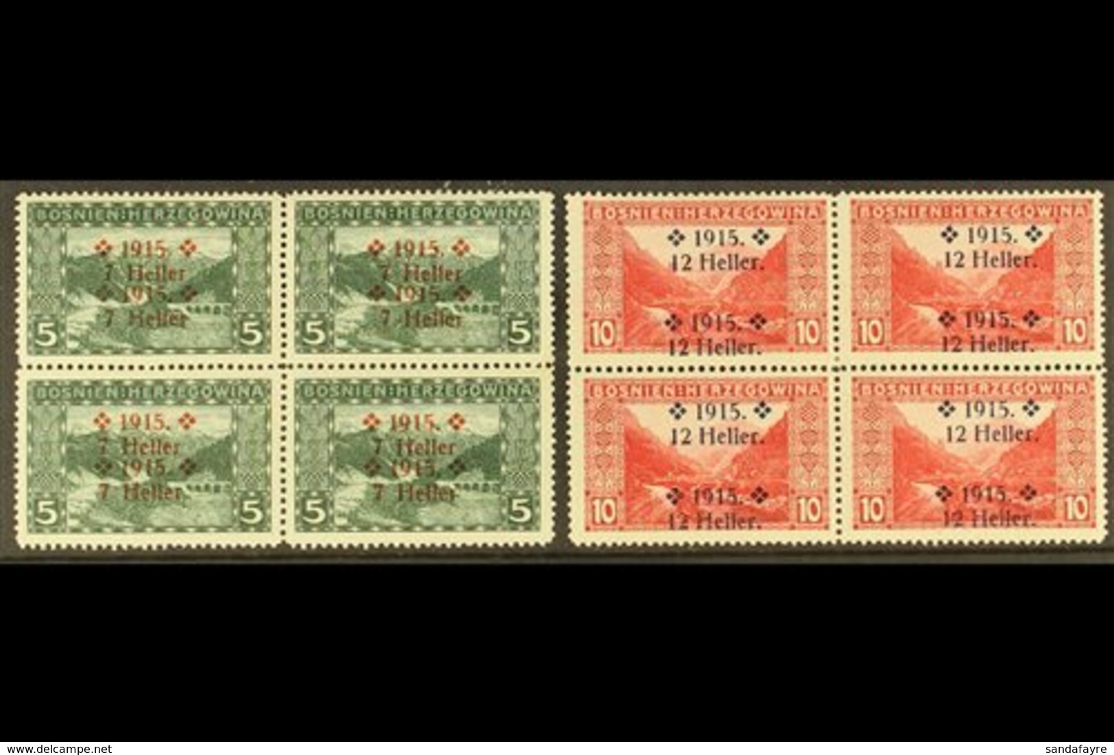 BOSNIA AND HERZEGOVINA 1915 7h On 5h Deep Green & 12h On 10h Carmine Landscapes DOUBLE SURCHARGES Varieties, Michel 91/9 - Autres & Non Classés