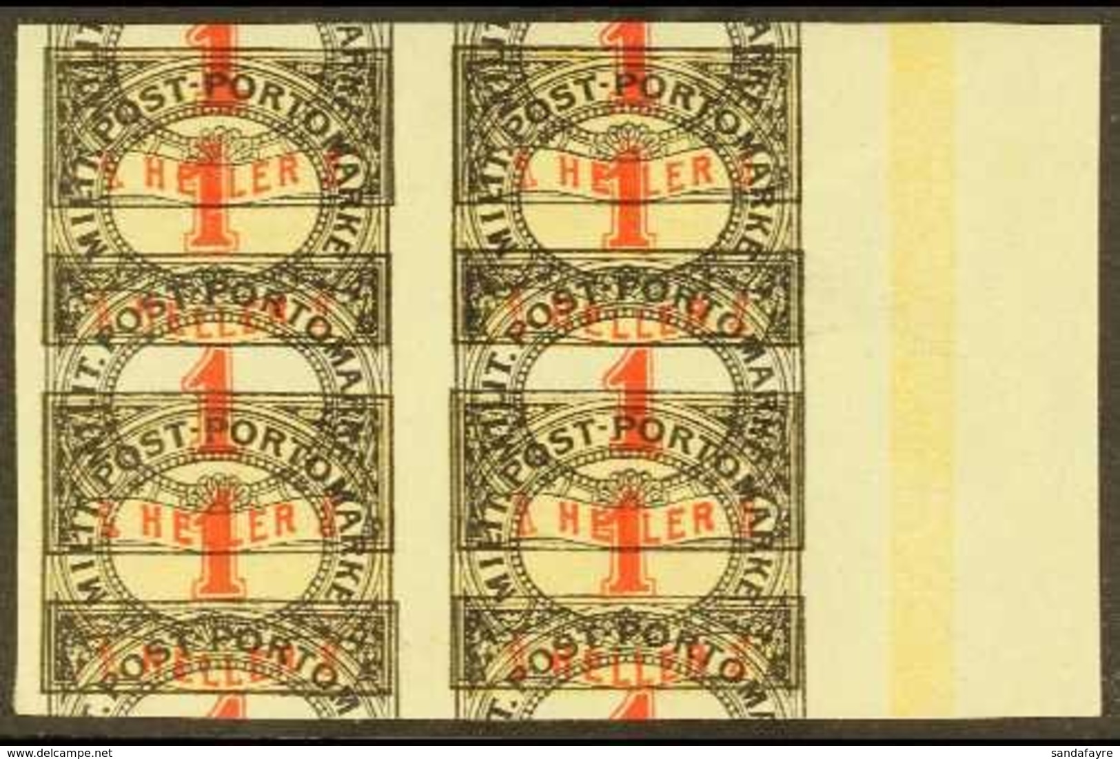 BOSNIA AND HERZEGOVINA POSTAGE DUES 1904 1h Red, Black & Yellow Marginal DOUBLE PRINTED IMPERF BLOCK Of 4 With Red & Bla - Sonstige & Ohne Zuordnung