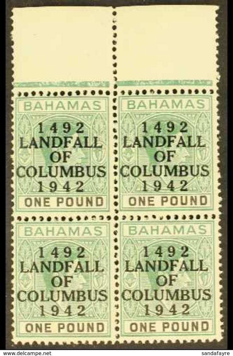 1942 Landing Of Columbus £1 Grey-green And Black, SG 175a, Upper Marginal Block Of Four Never Hinged Mint. For More Imag - Andere & Zonder Classificatie