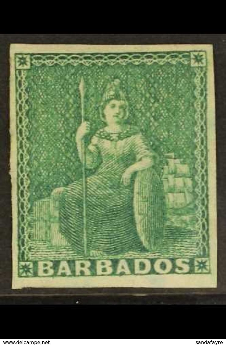 1852 (½d) Deep Green On Blued Paper, Britannia, SG 2, Very Fine Mint Large Part Og With Good To Large Margins And Full B - Barbados (...-1966)