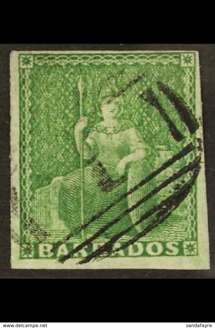 1852 (½d) Yellow Green On Blue Paper, Britannia, SG 1, Superb Used With Clear To Huge Margins, Bright Colour And Light B - Barbados (...-1966)