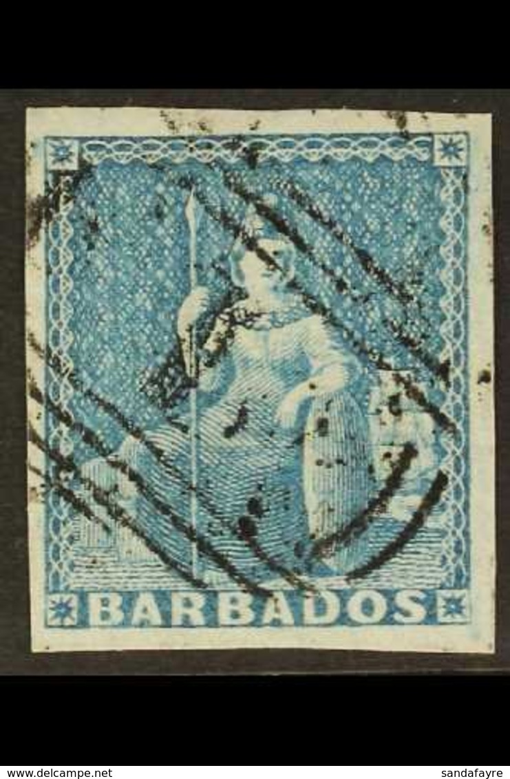 1852 (1d) Blue On Blued Paper, Britannia, SG 3, Superb Used With Large Margins All Round And Extremely Light Barred "1`" - Barbados (...-1966)