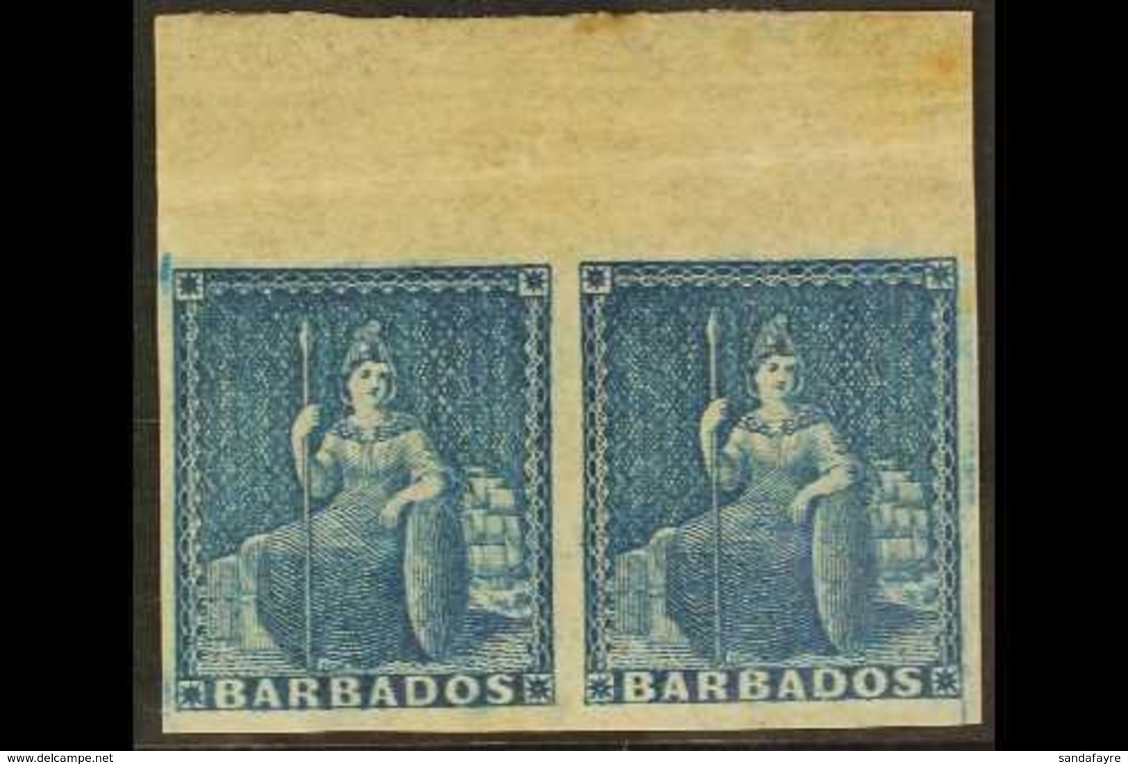 1852 (1d) Blue On Blued Paper, Britannia, SG 3, Very Fine Mint Og Marginal Pair. For More Images, Please Visit Http://ww - Barbados (...-1966)