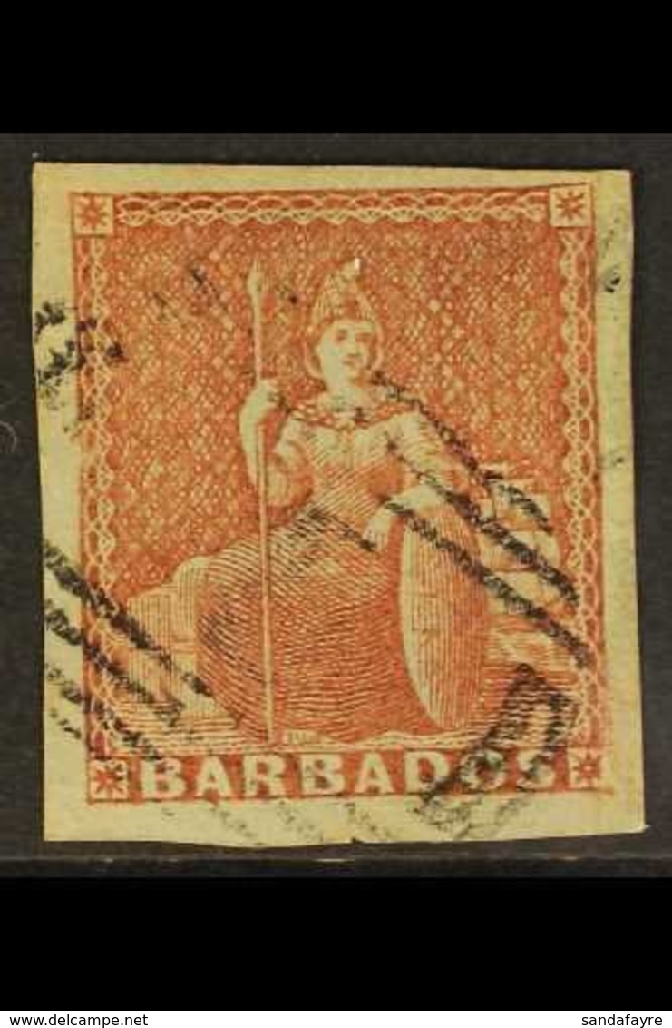 1852 (4d) Brownish Red On Blued Paper, SG 5, Used, Shallow Hinge Thin But Mega Margins! For More Images, Please Visit Ht - Barbades (...-1966)