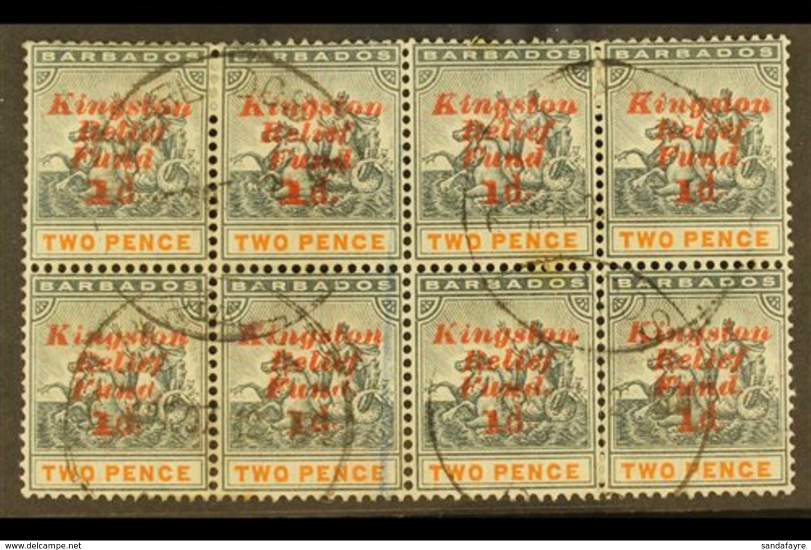1907 KINGSTON RELIEF FUND 1d On 2d Upright Surcharge, SG 153, Fine Used Block Of Eight (4 X 2) For More Images, Please V - Barbades (...-1966)