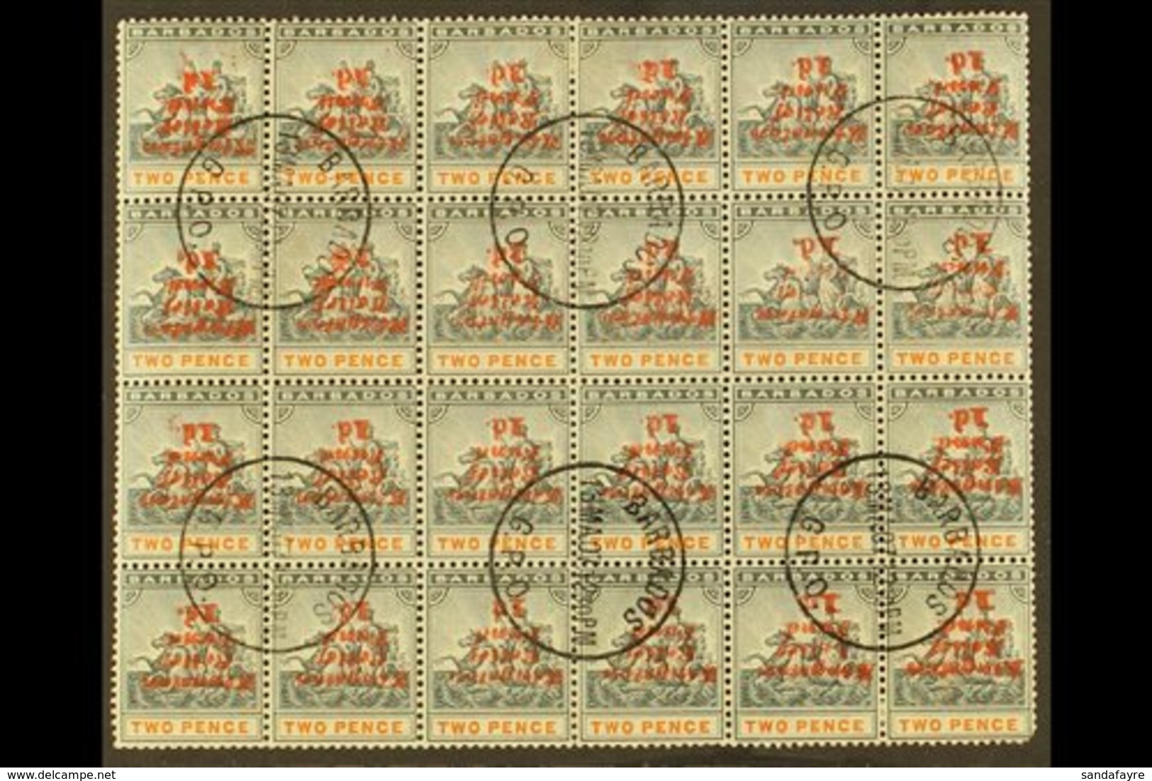 1907 KINGSTON RELIEF FUND 1d On 2d Surcharge Inverted, SG 153a, Third Setting, A Fine Used BLOCK OF TWENTY FOUR (6 X 4)  - Barbades (...-1966)