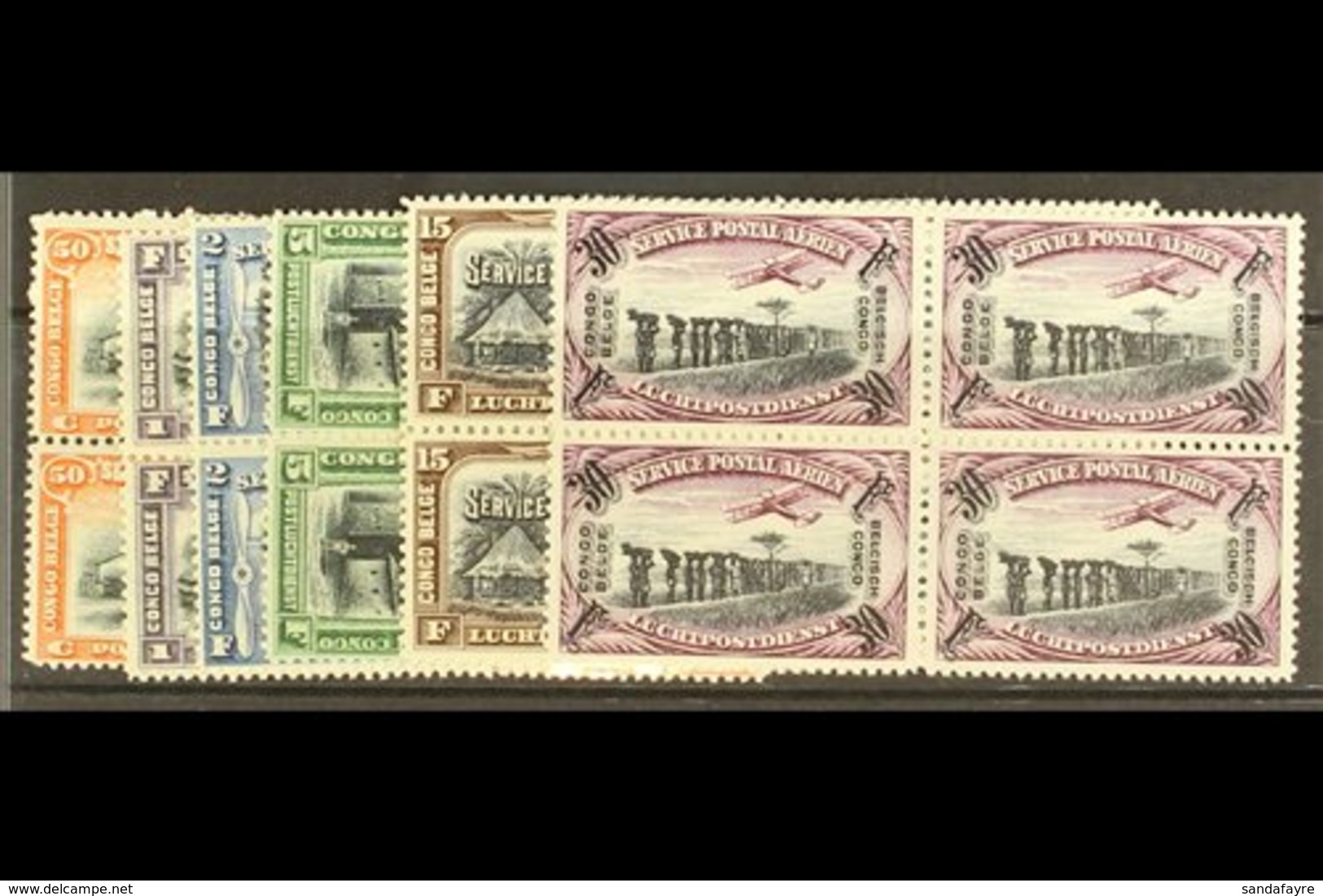 BELGIAN CONGO 1921-30 Air Set, COB PA1/6, Fine Never Hinged Mint Blocks Of Four. (6) For More Images, Please Visit Http: - Andere & Zonder Classificatie