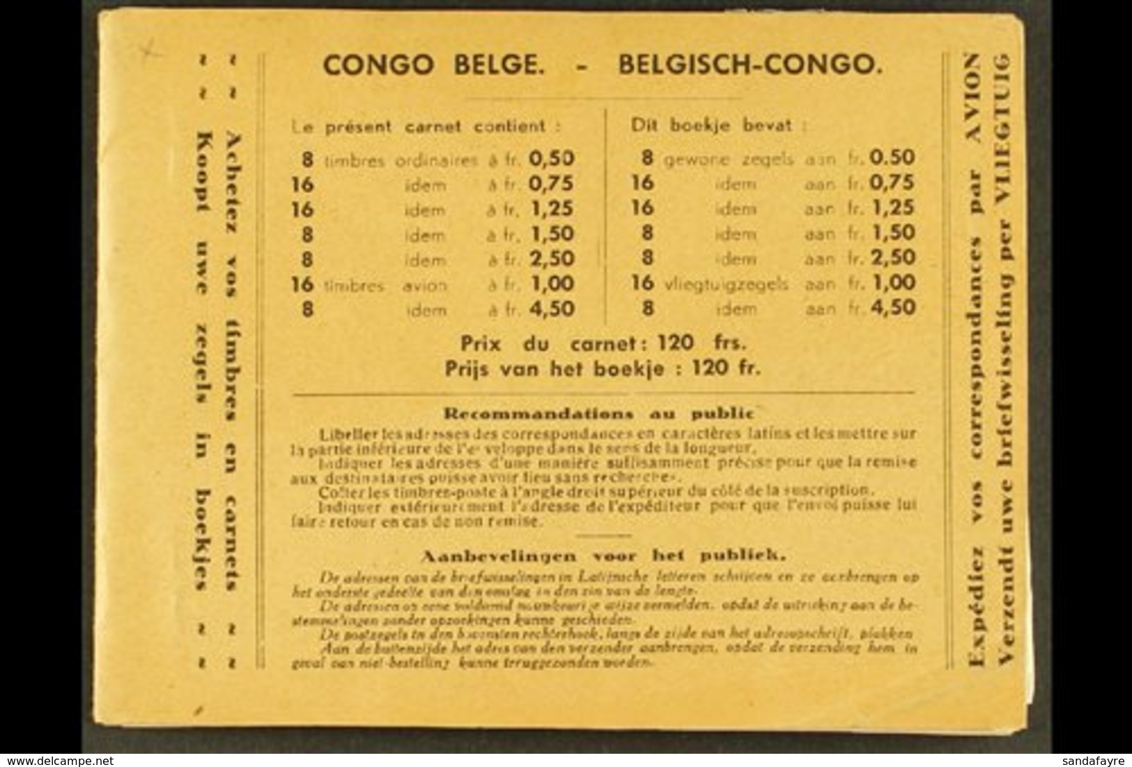 CONGO 1937 120f. Booklet, COB A5, Complete With Interleaving, Staples Removed, Fresh. For More Images, Please Visit Http - Andere & Zonder Classificatie