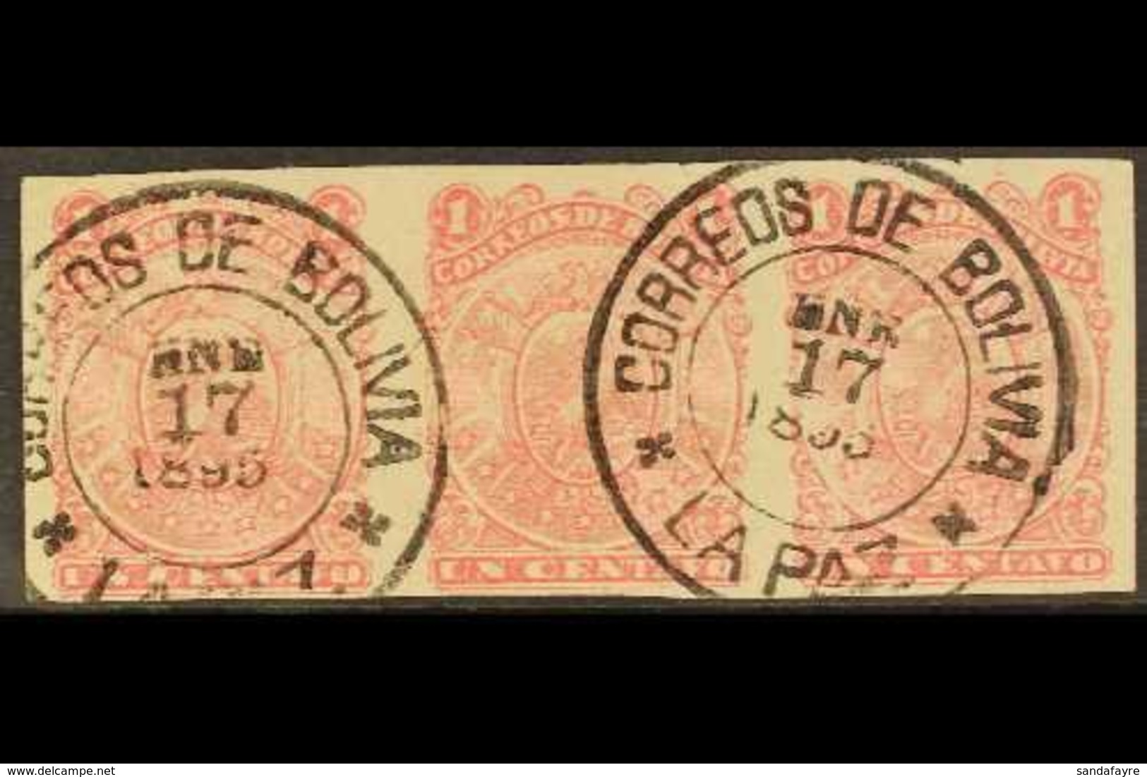 1893 1c Rose With Numerals Upright, Imperf Strip Of Three With Full Margins, SG 57a, Superb Used With La Paz Upright Cds - Bolivië