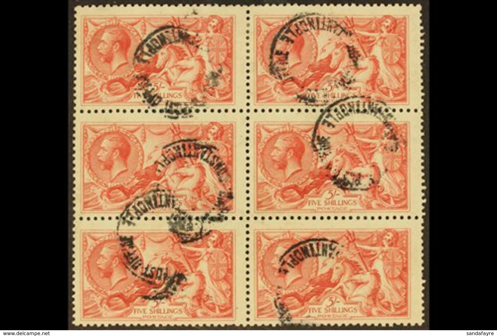 BRITISH CIVILIAN POST OFFICE IN CONSTANTINOPLE 1920-21 5s Rose-carmine Bradbury Seahorses (SG 416), Fine Used BLOCK Of 6 - Levante Británica