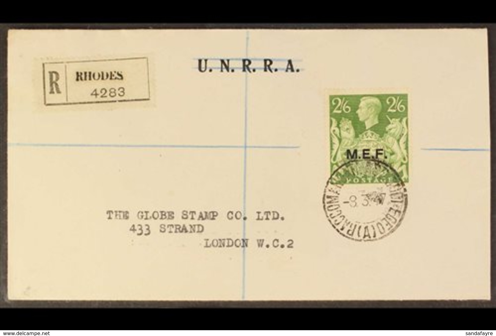 1947 (8 Mar) 2s6d Green Opt'd "M.E.F." (SG M19) On A Cover Registered From Rhodes To London Tied By "Raccomandata Ass Ro - Africa Oriental Italiana