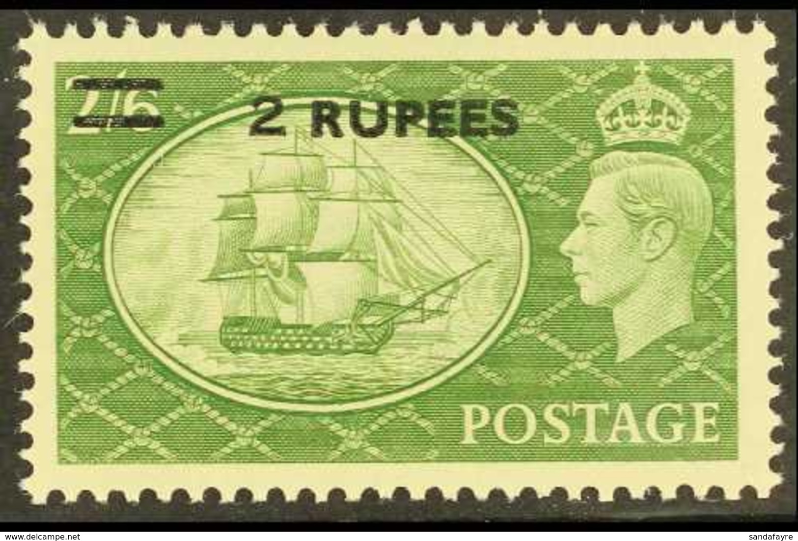 1950-55 2r On 2s6d Yellow-green Surcharge Type 6b, SG 41a, Superb Never Hinged Mint, Very Fresh & Rare. For More Images, - Bahrain (...-1965)