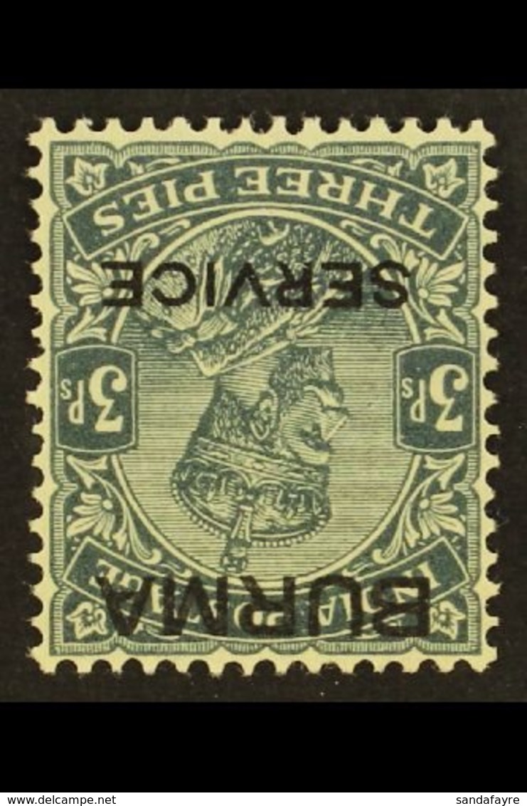 1937 Official 3p Slate, Watermark Inverted, SG O1w, Very Fine Mint. For More Images, Please Visit Http://www.sandafayre. - Birma (...-1947)