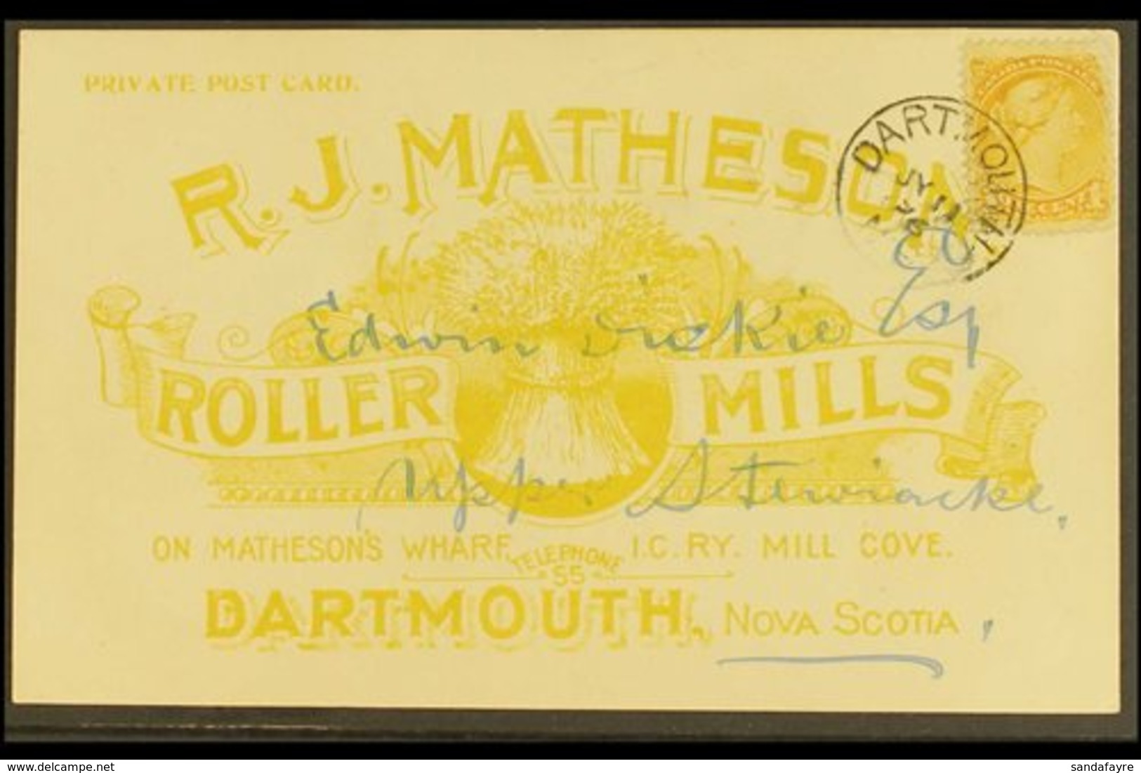 1896 Beautifully Illustrated Private Advertising Card, RJMatheson, Roller Mills, In Yellow, Franked 1c Yellow From Dartm - Otros & Sin Clasificación