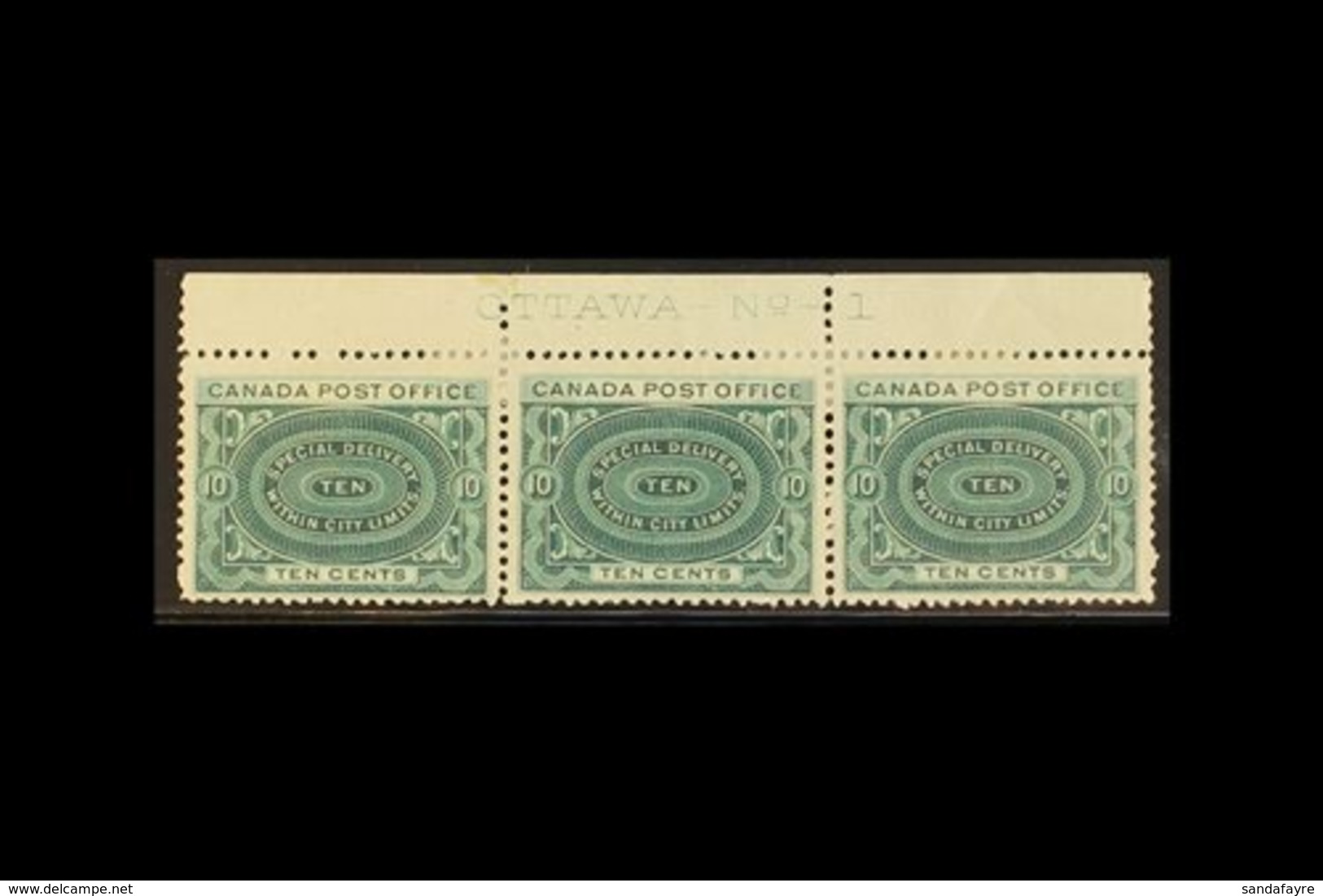 1898 SPECIAL DELIVERY 10c Blue-green, SG S1, Upper Marginal "Ottawa - No -1" Plate Strip Of Three Mint, One With A Small - Otros & Sin Clasificación