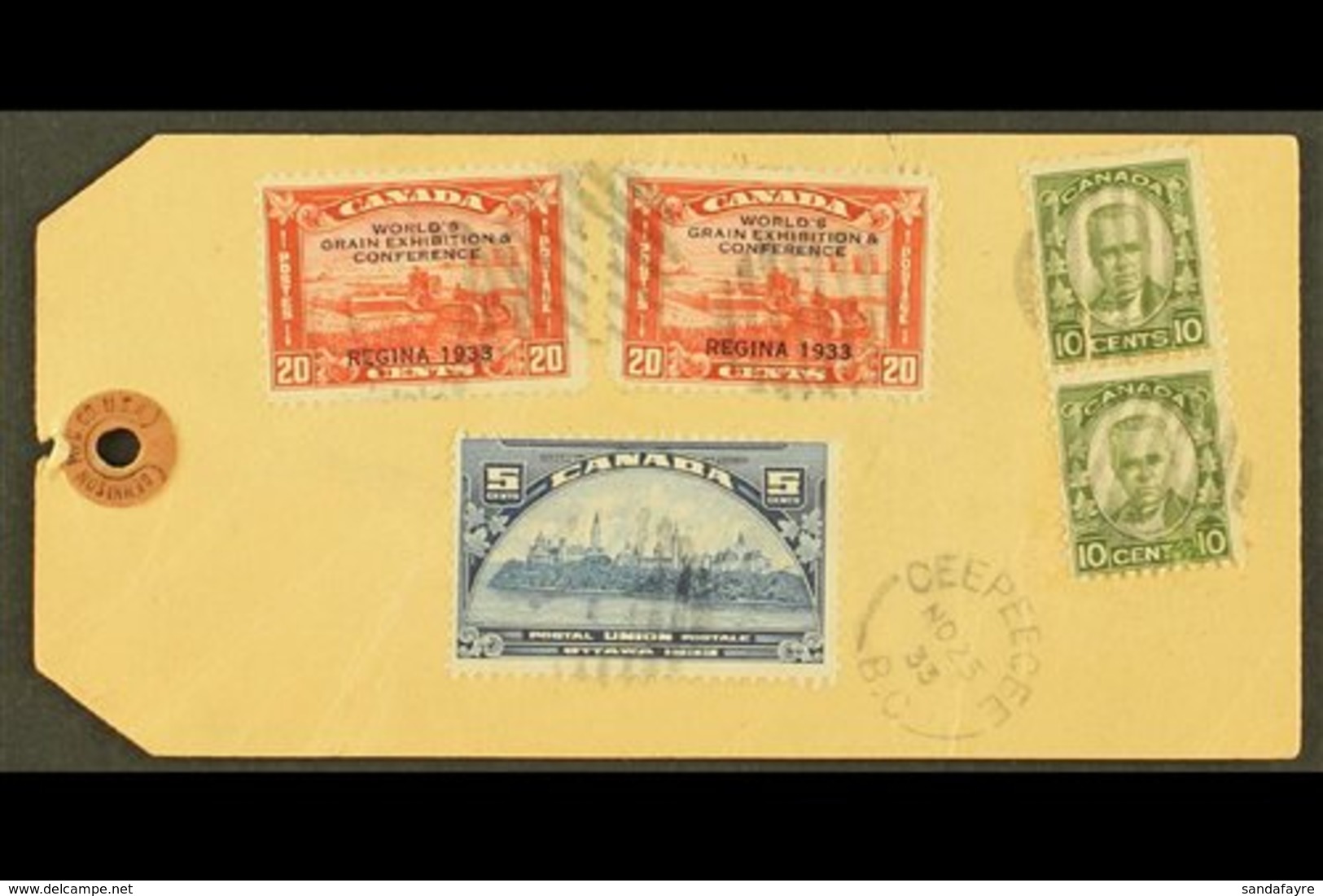 1933 Parcel Label To Ottawa Franked 1931 10c Green Pair, 1933 UPU 5c Blue And 20c Red Grain Conference (2), Tied By Mute - Other & Unclassified