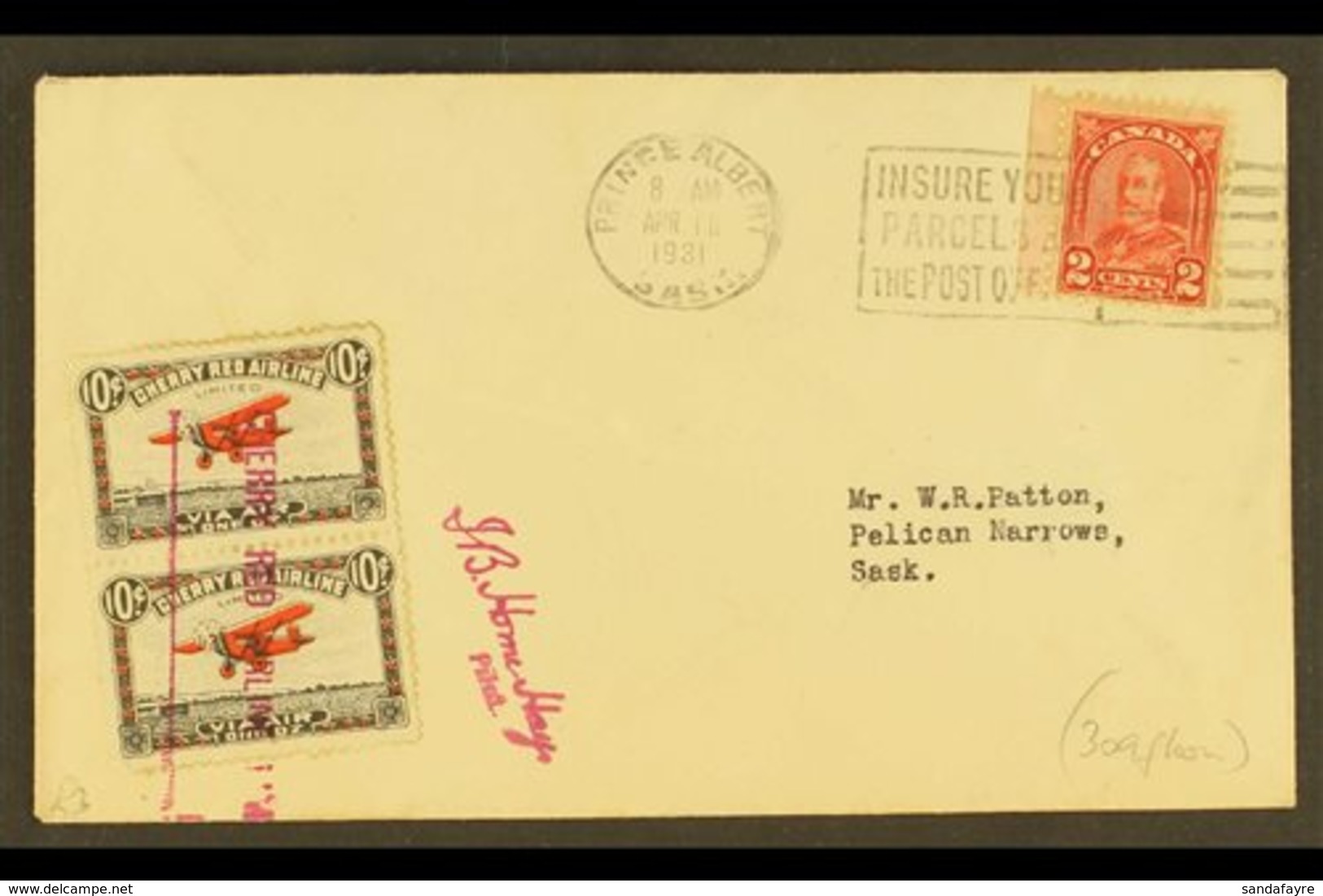 CHERRY RED AIRLINES 1931 Cover Franked 2c Geo V Plus Vertical Pair Of 10c Via Air 1oz Labels, Showing The Variety "Snow  - Otros & Sin Clasificación