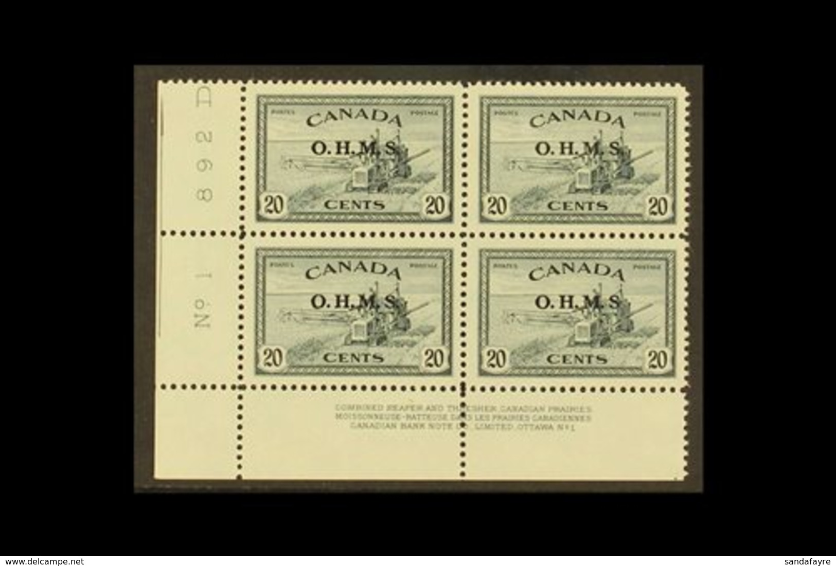 OFFICIAL 1949 20c Slate "Harvester" With "O.H.M.S." Overprint, A Lower Left Corner Control Block Of Four, One Stamp Show - Andere & Zonder Classificatie