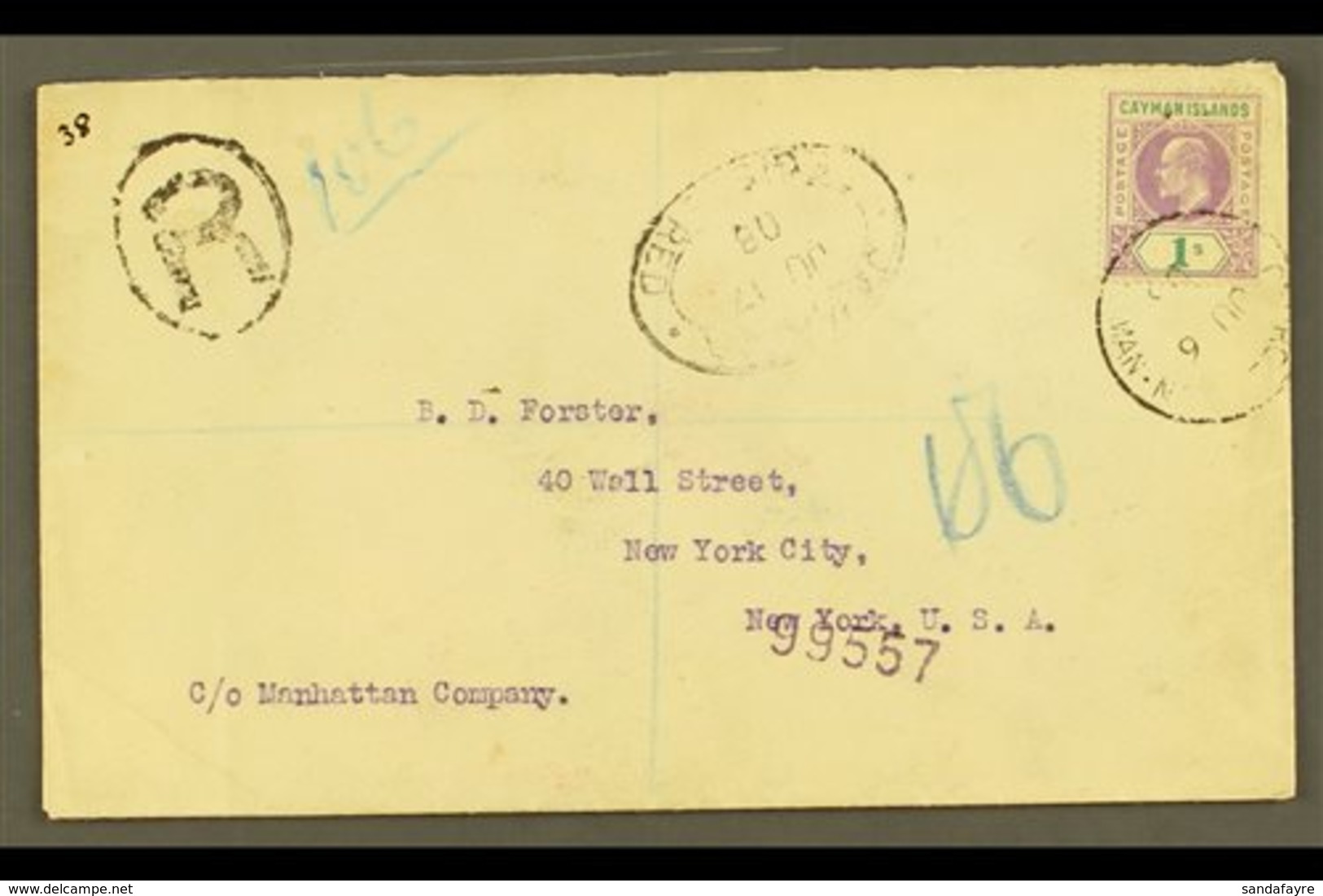 1908 (6 June) Registered Cover To USA, Bearing 1907 1s Stamp (SG 15) Tied By "George Town" Cds, With Registration "R" Ca - Caimán (Islas)