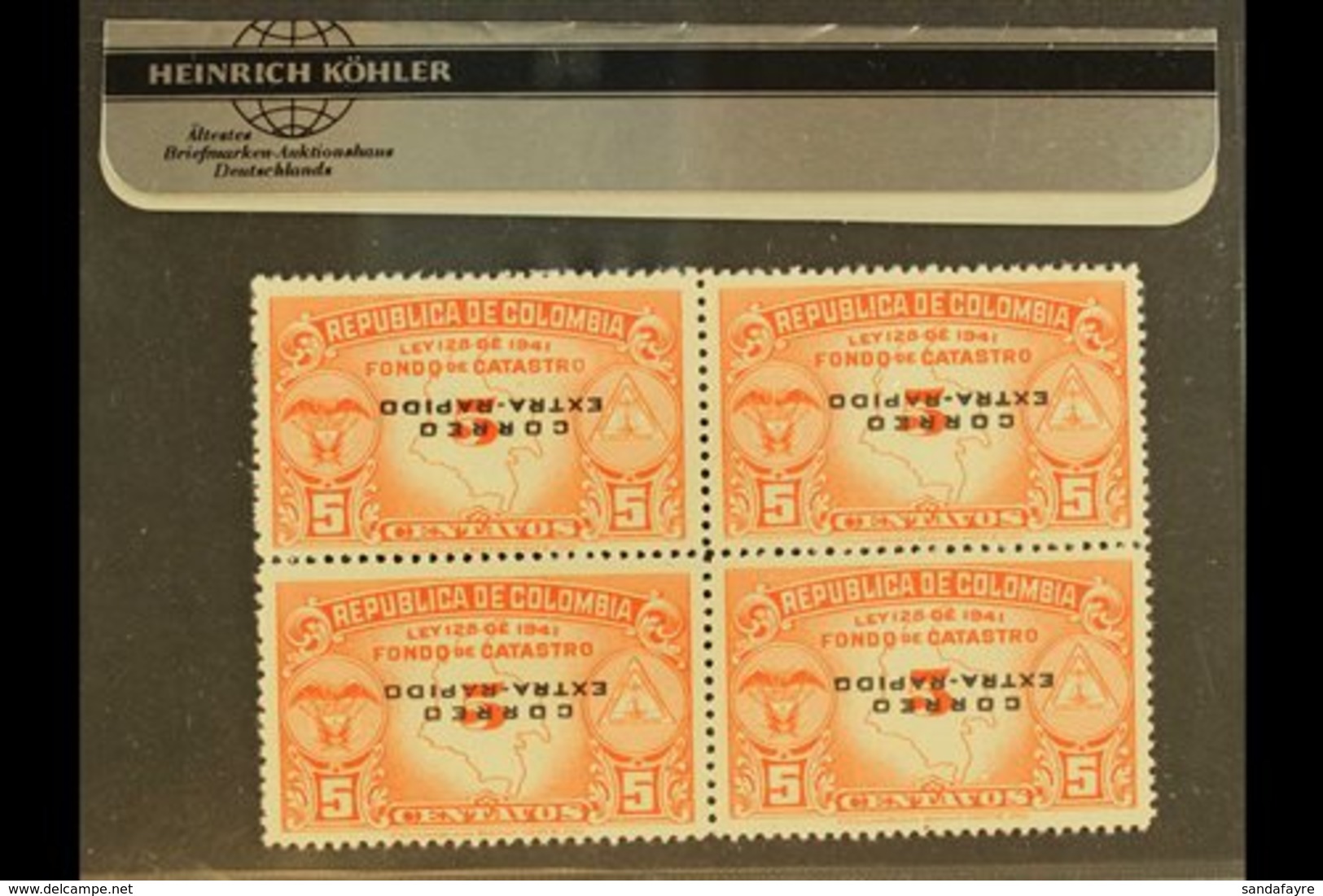 1953 AIR OVERPRINT VARIETIES 5c Air Orange-red Real Estate Tax Stamp With "CORREO / EXTRA-RAPIDO" Overprints, A Superb N - Colombie