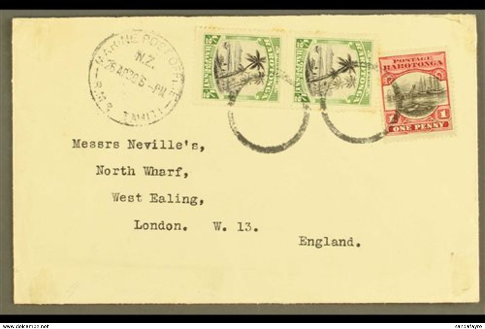 1930 (April) Envelope To London, Bearing Pictorial ½d Pair And 1d Tied By "dumb" Circles, Marine Post Office R.M.S. Tahi - Islas Cook