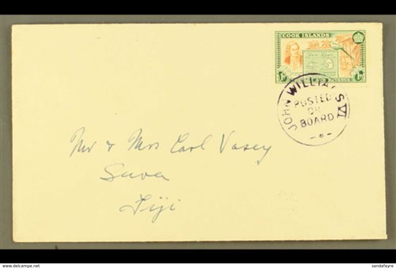 1949 1d Chestnut And Green, SG 151, On A Neat Envelope To Fiji, Tied By Upright Violet "John Williams VI/Posted On Board - Cookeilanden