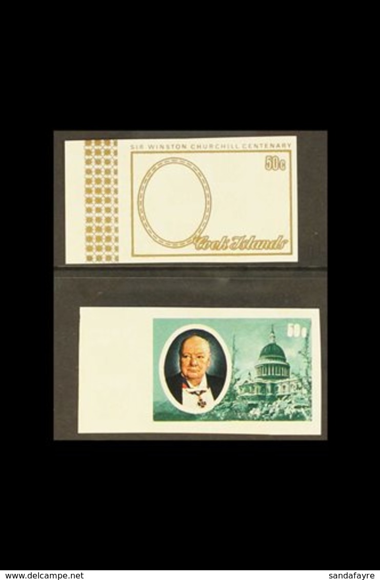 1974 50c Churchill (SG 510) Two Different IMPERF PLATE PROOFS - Gold Only And Gold Missing, Never Hinged Mint, Very Fres - Islas Cook
