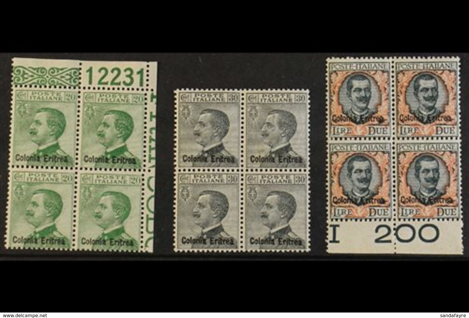 1925 20c To 2L Ovptd "Colonia Eritrea", Sass S20, In Never Hinged Mint Blocks Of 4. Cat 2200 Euro. (£1800+), 20c Is Corn - Erythrée